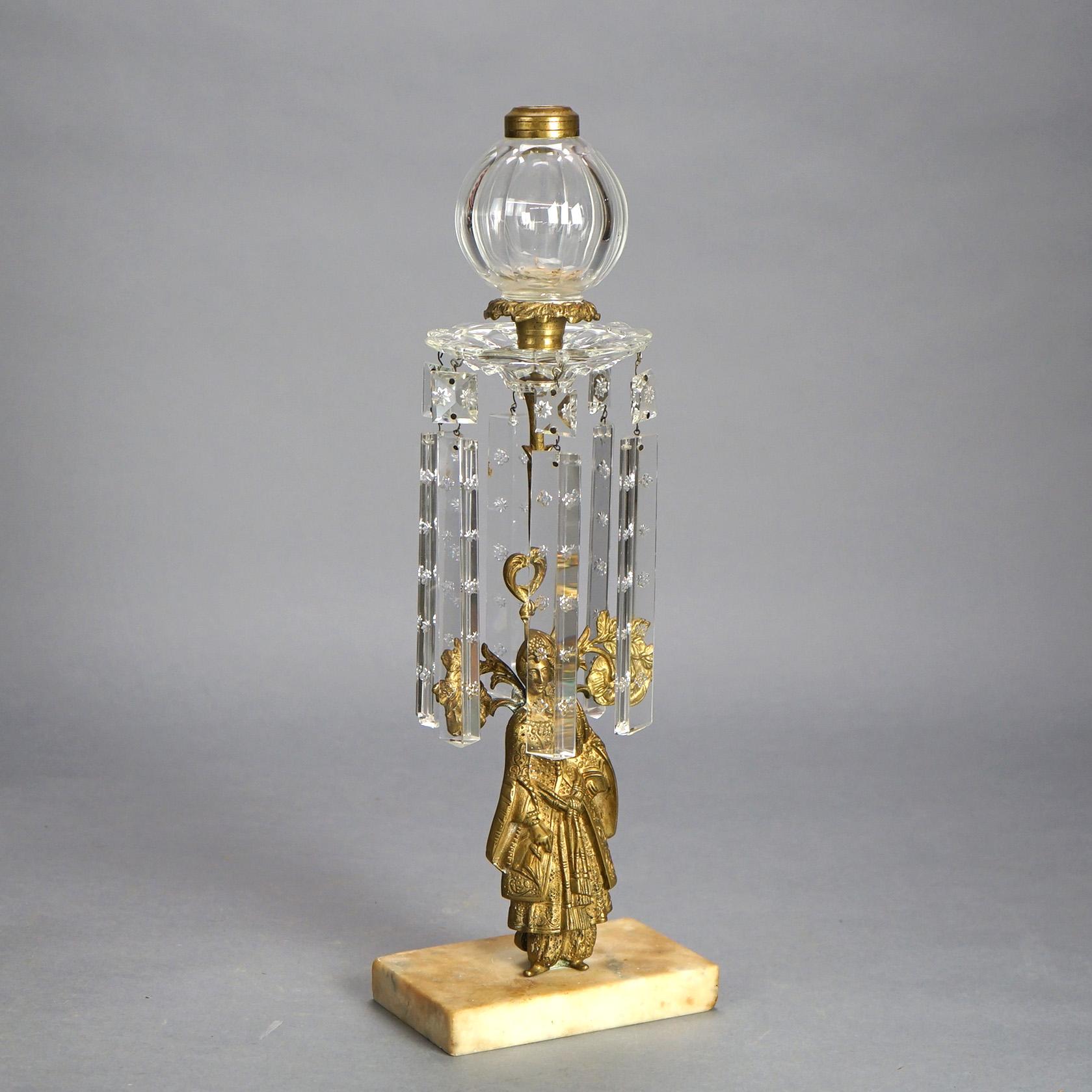 19th Century Antique Pair Figural Girandole Sultana Design Oil Lamps with Crystals C1880 For Sale