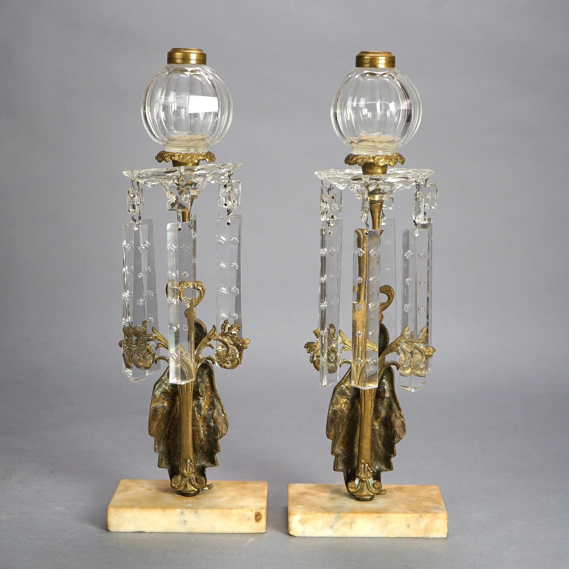 Antique Pair Figural Girandole Sultana Design Oil Lamps with Crystals C1880 For Sale 2