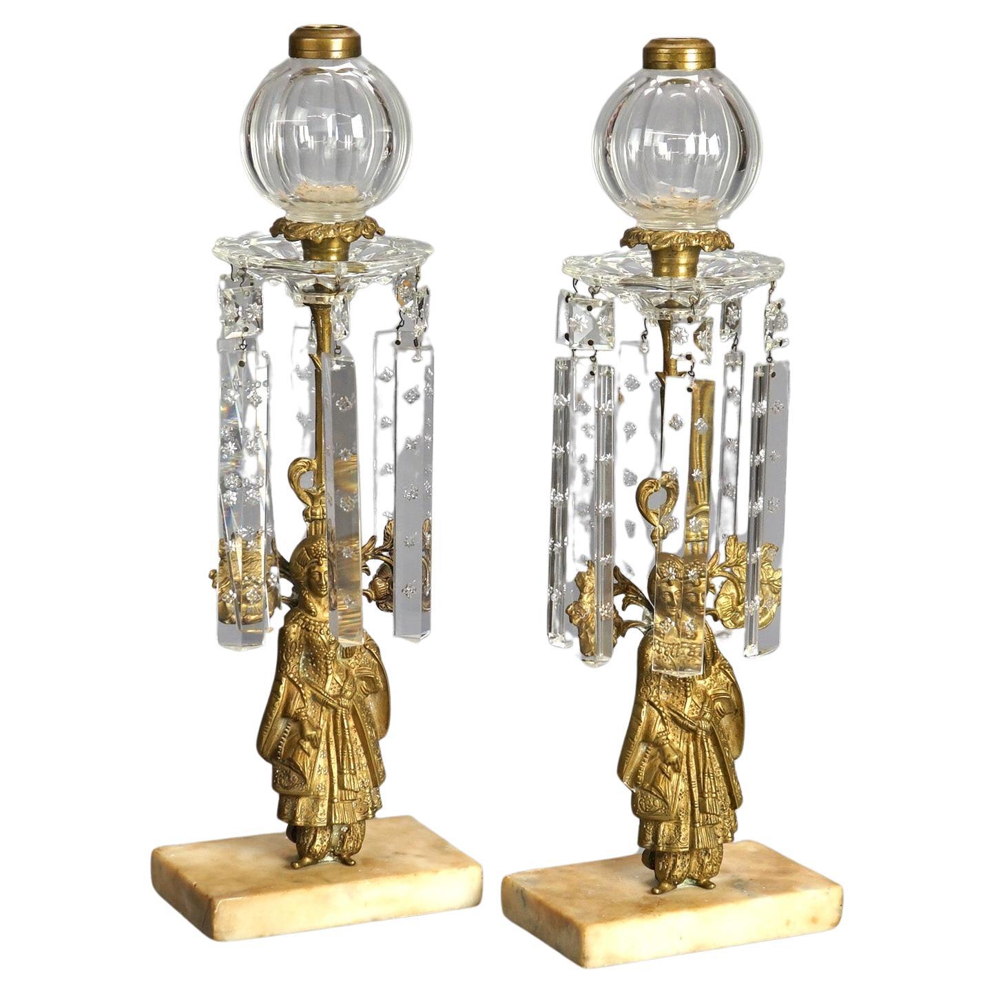 Antique Pair Figural Girandole Sultana Design Oil Lamps with Crystals C1880