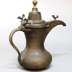 Antique Pair of Figural Persian Turkish Copper Teapots with Stylized Birds