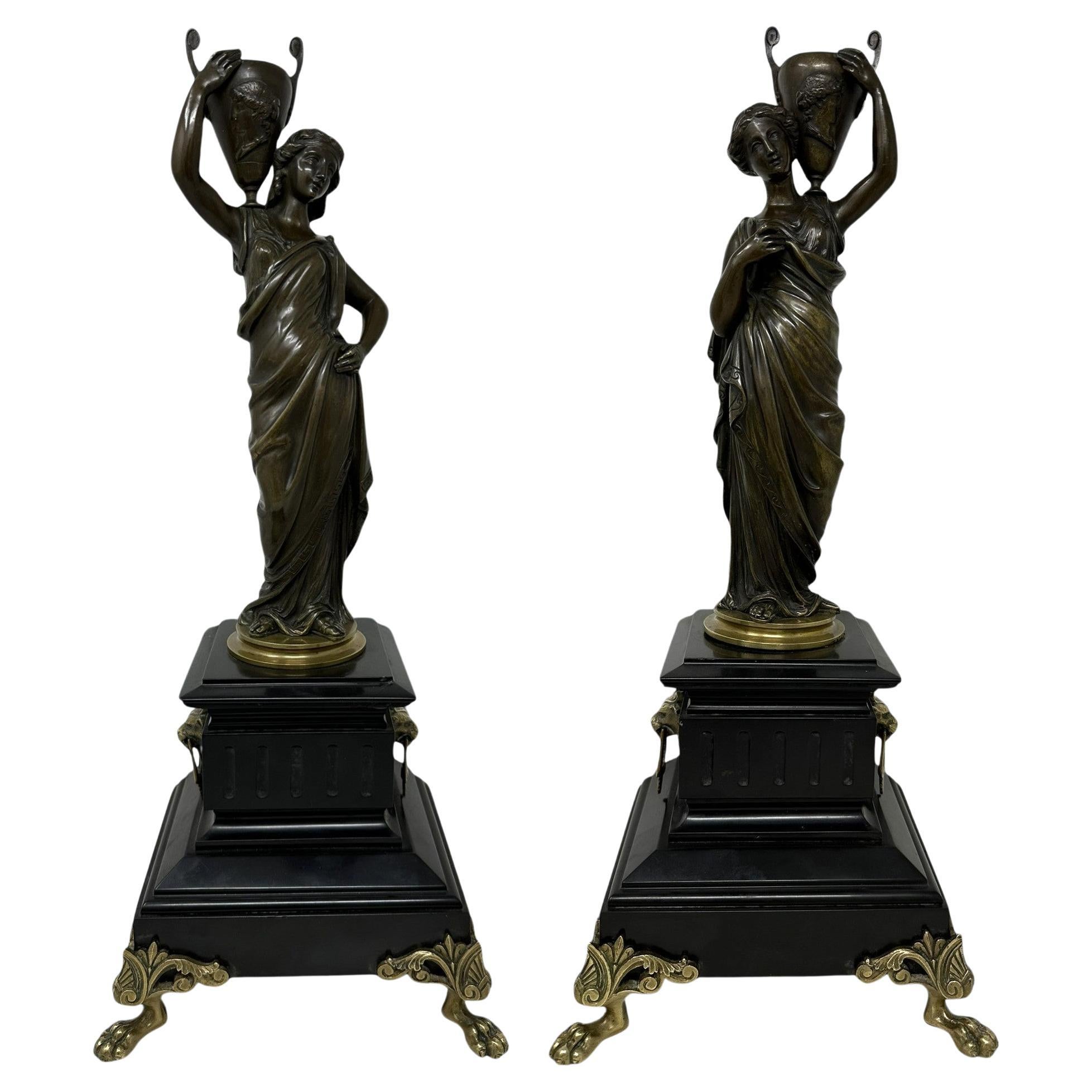 Antique Pair Figurel French Bronze Ormolu Marble Classical Maiden Female Figure