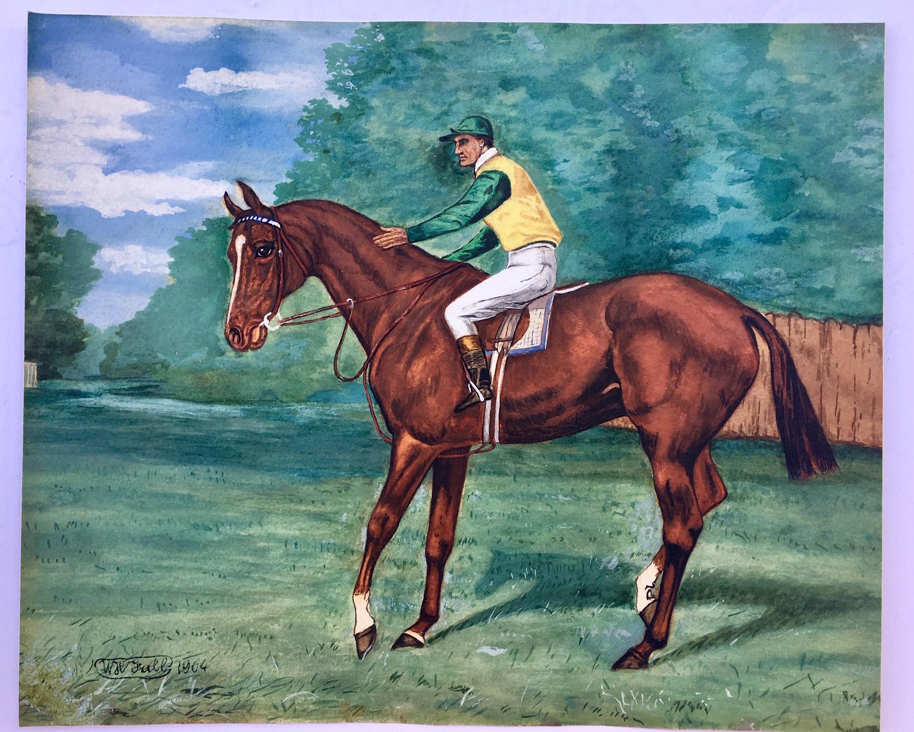 Antique Pair of Fine Watercolours, Thoroughbred Racehorse Sceptre W/ Jockey Up In Good Condition In Vero Beach, FL