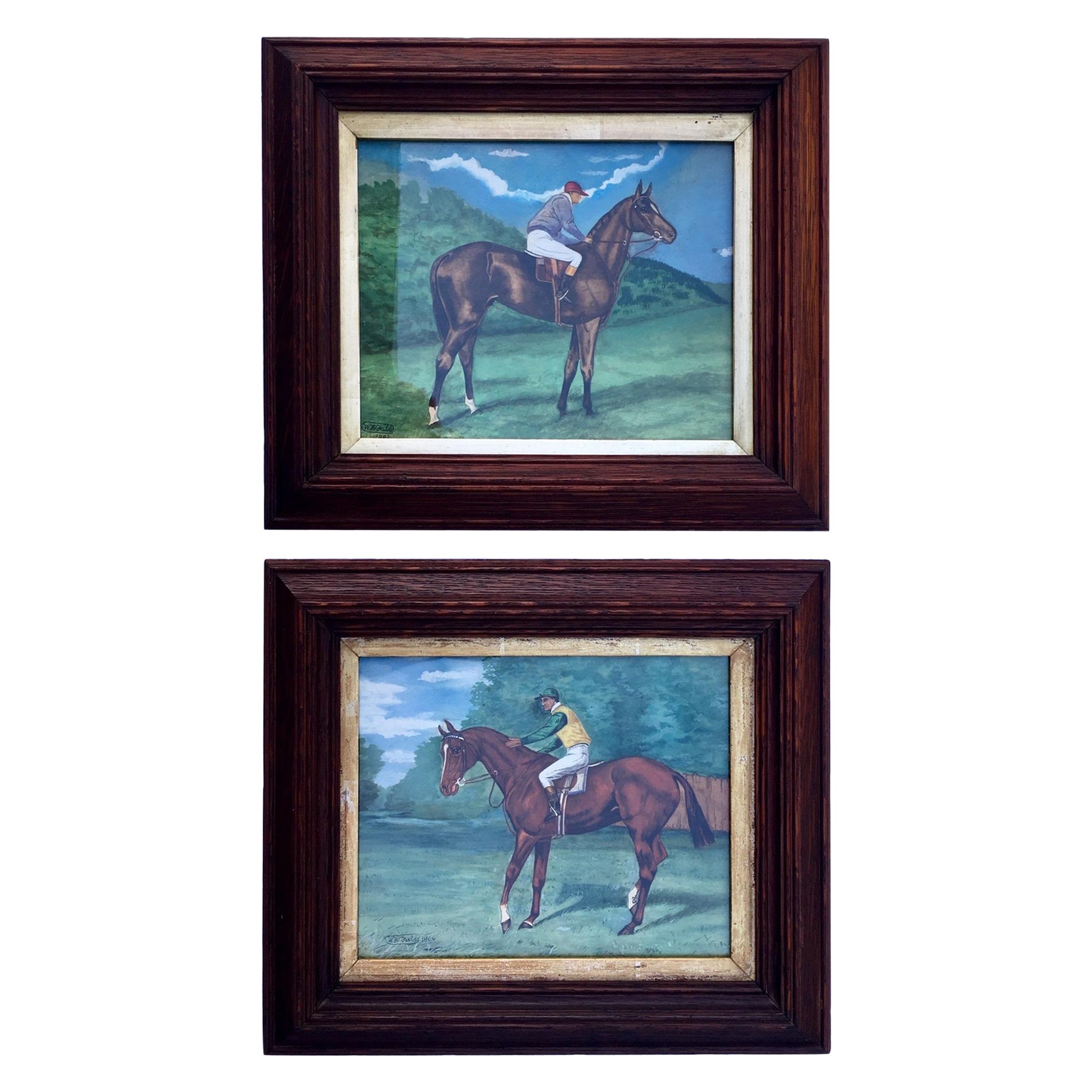 Antique Pair of Fine Watercolours, Thoroughbred Racehorse Sceptre W/ Jockey Up