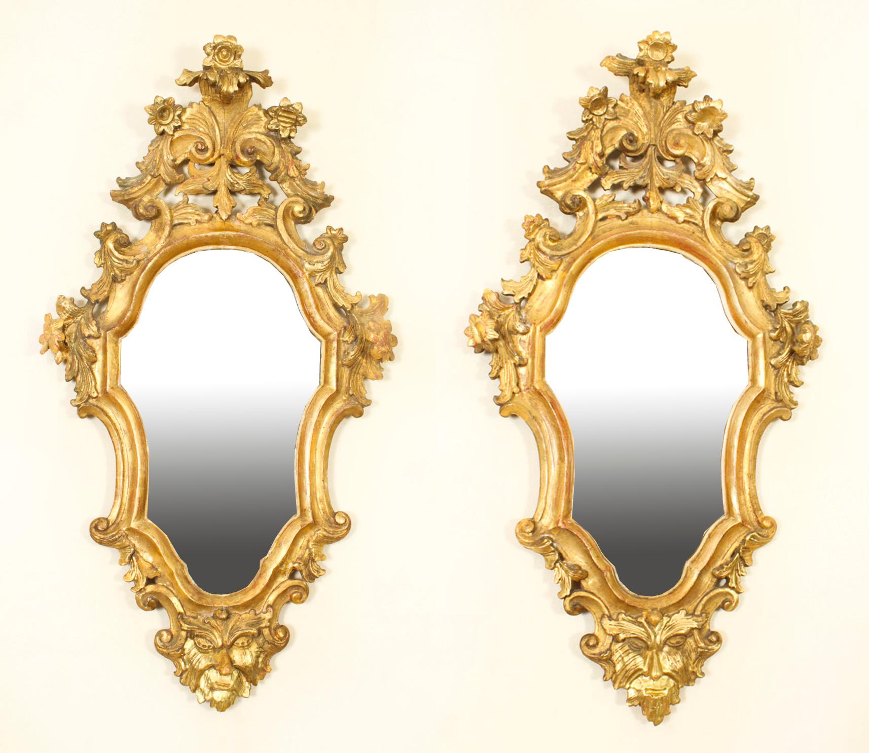 Antique Pair Florentine Rococo Giltwood Mirrors 19th Century 77x42cm For Sale 12