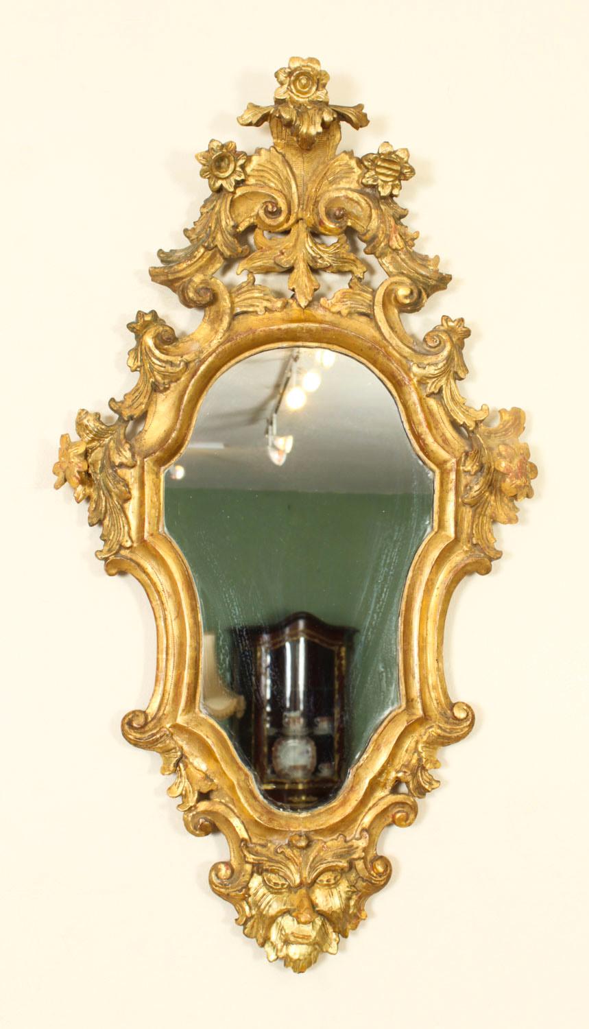 Antique Pair Florentine Rococo Giltwood Mirrors 19th Century 77x42cm In Good Condition For Sale In London, GB