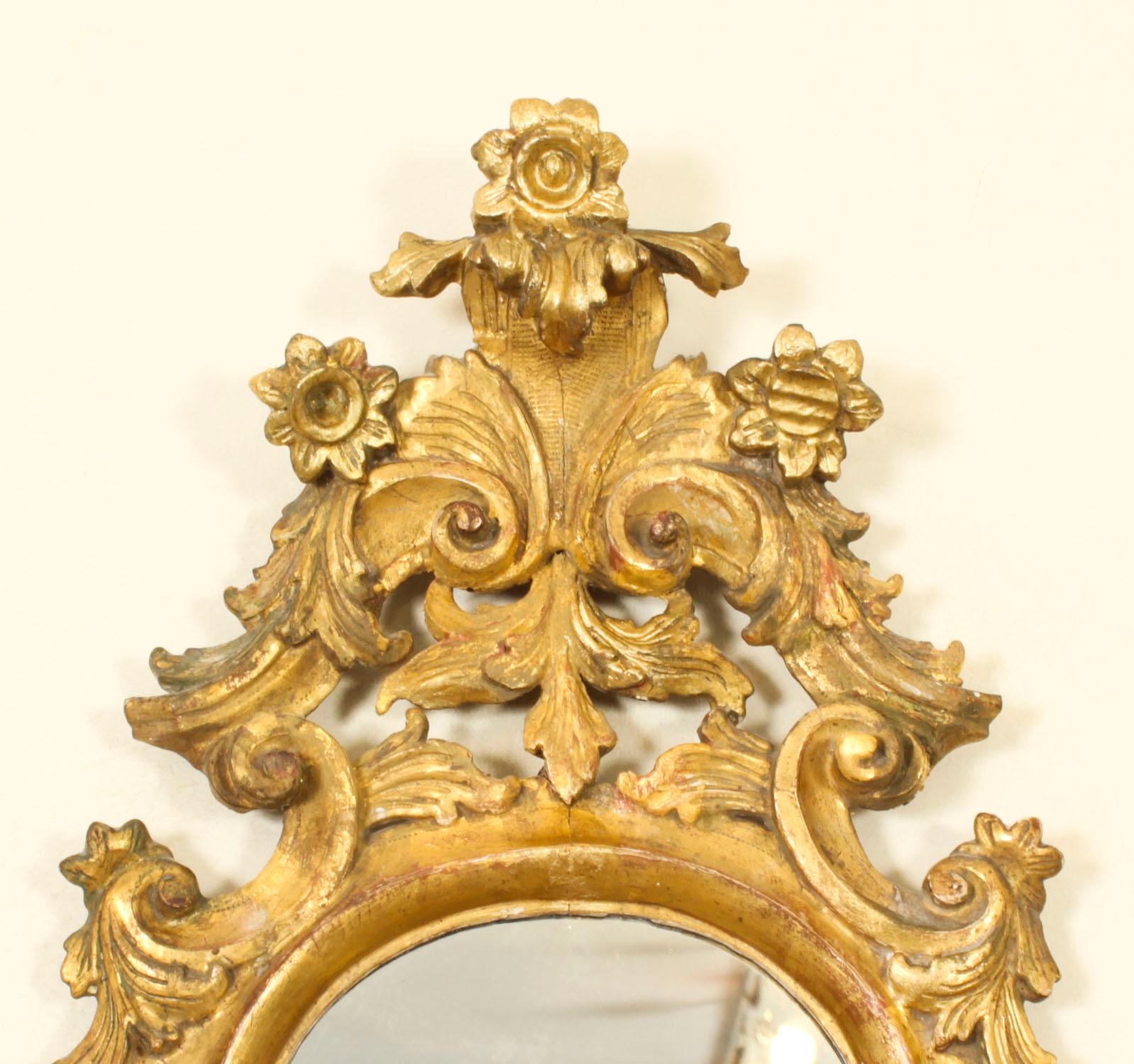 Antique Pair Florentine Rococo Giltwood Mirrors 19th Century 77x42cm For Sale 1