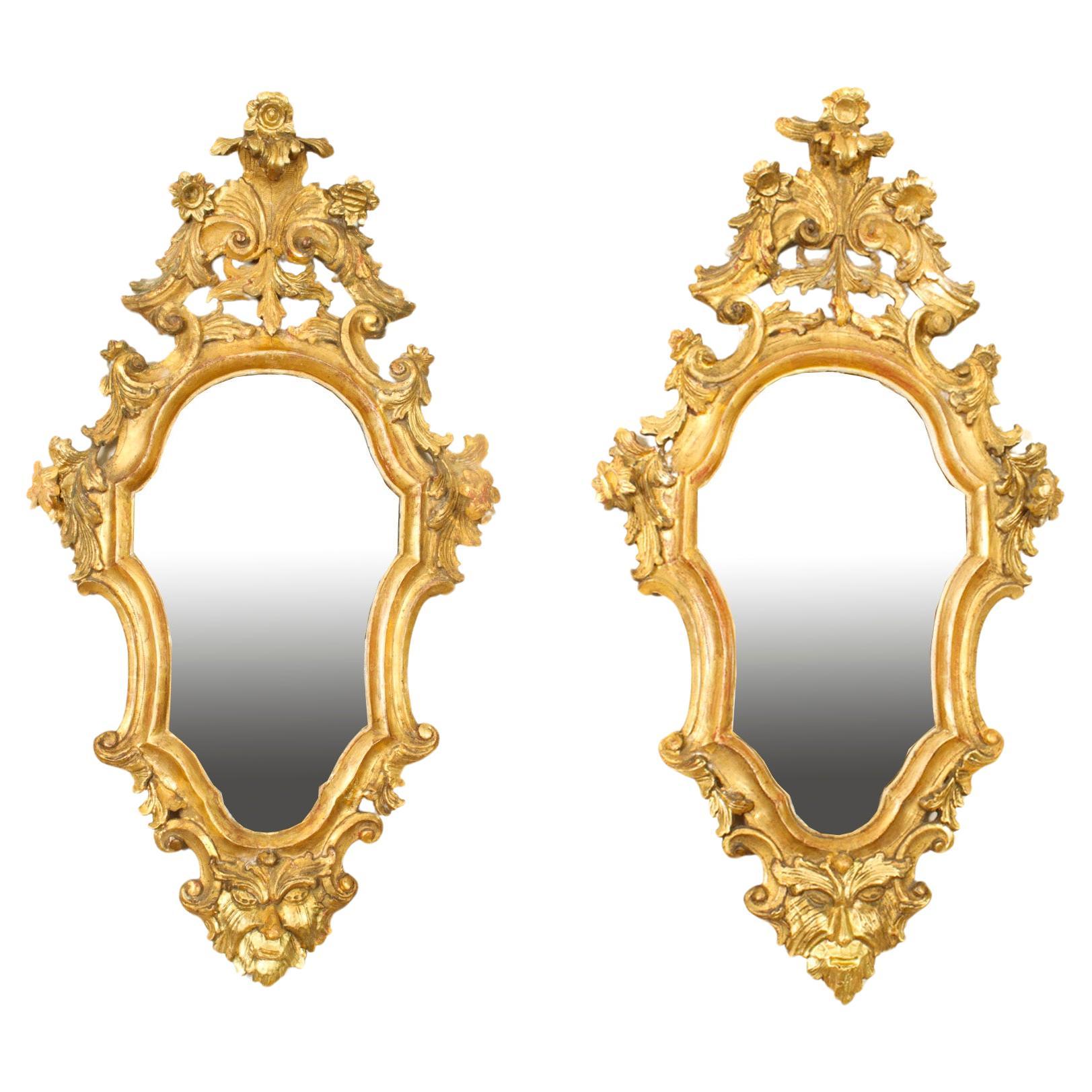 Antique Pair Florentine Rococo Giltwood Mirrors 19th Century 77x42cm For Sale