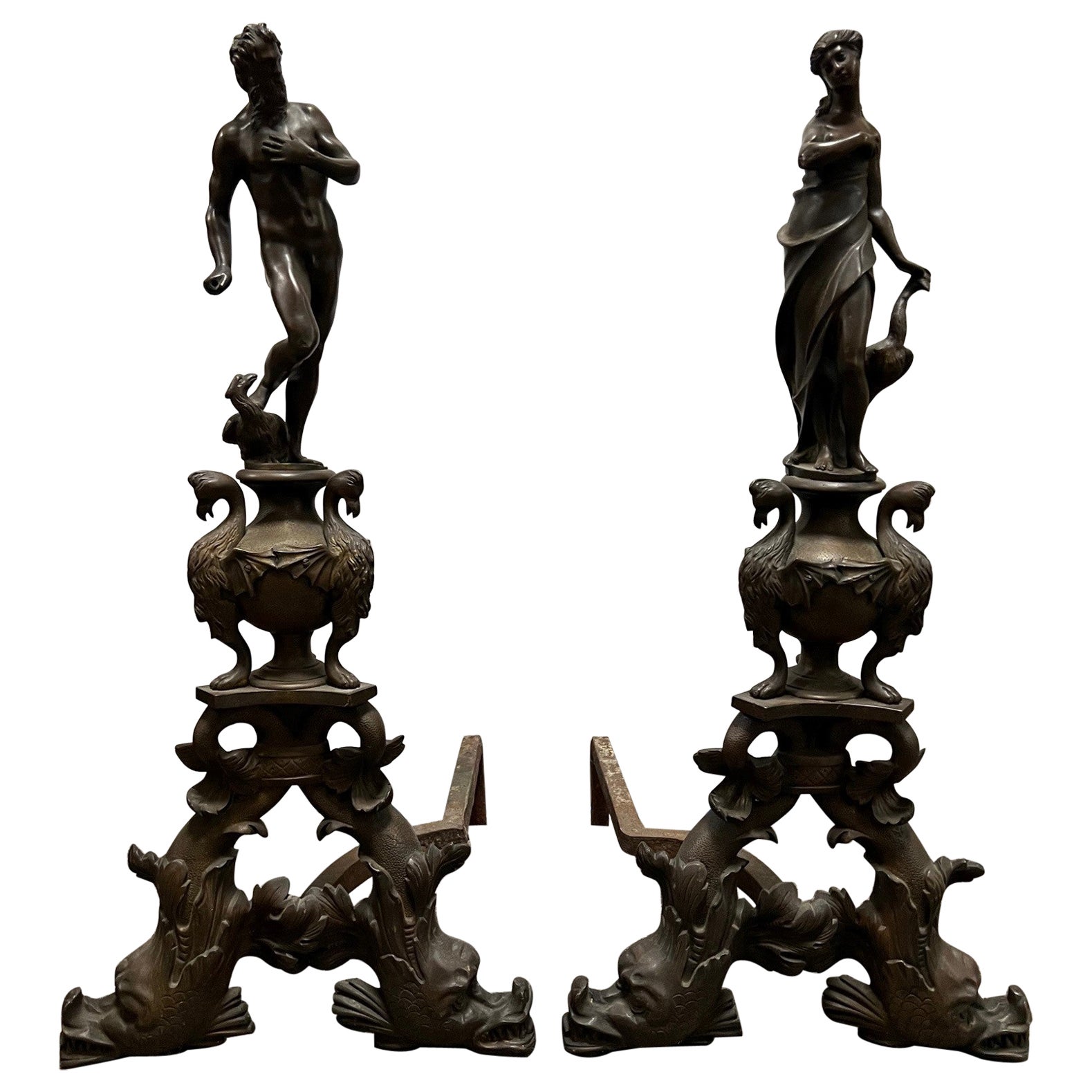 Antique Pair French 19th Century Bronce Figural Chenets, Andirons