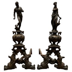 Antique Pair French 19th Century Bronce Figural Chenets, Andirons