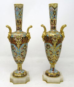 Antique Pair French Alabaster Champlevé Enamelwork Ormolu Gilt Bronze Vase Urns