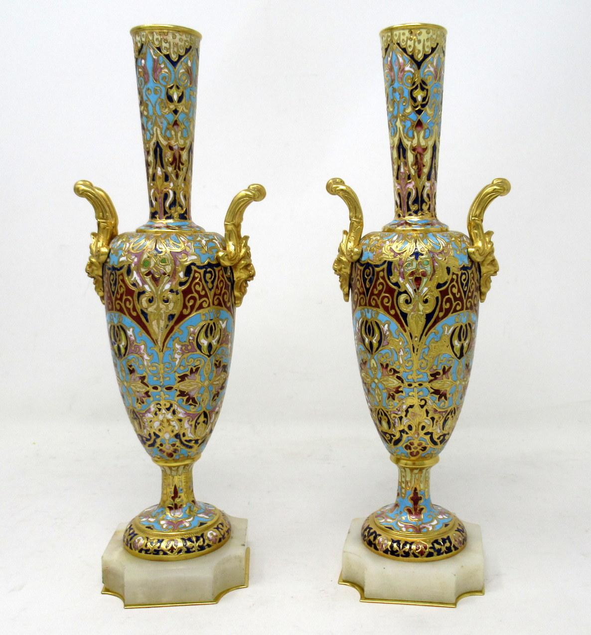 Victorian Antique Pair French Alabaster Champlevé Enamelwork Ormolu Gilt Bronze Vase Urns 