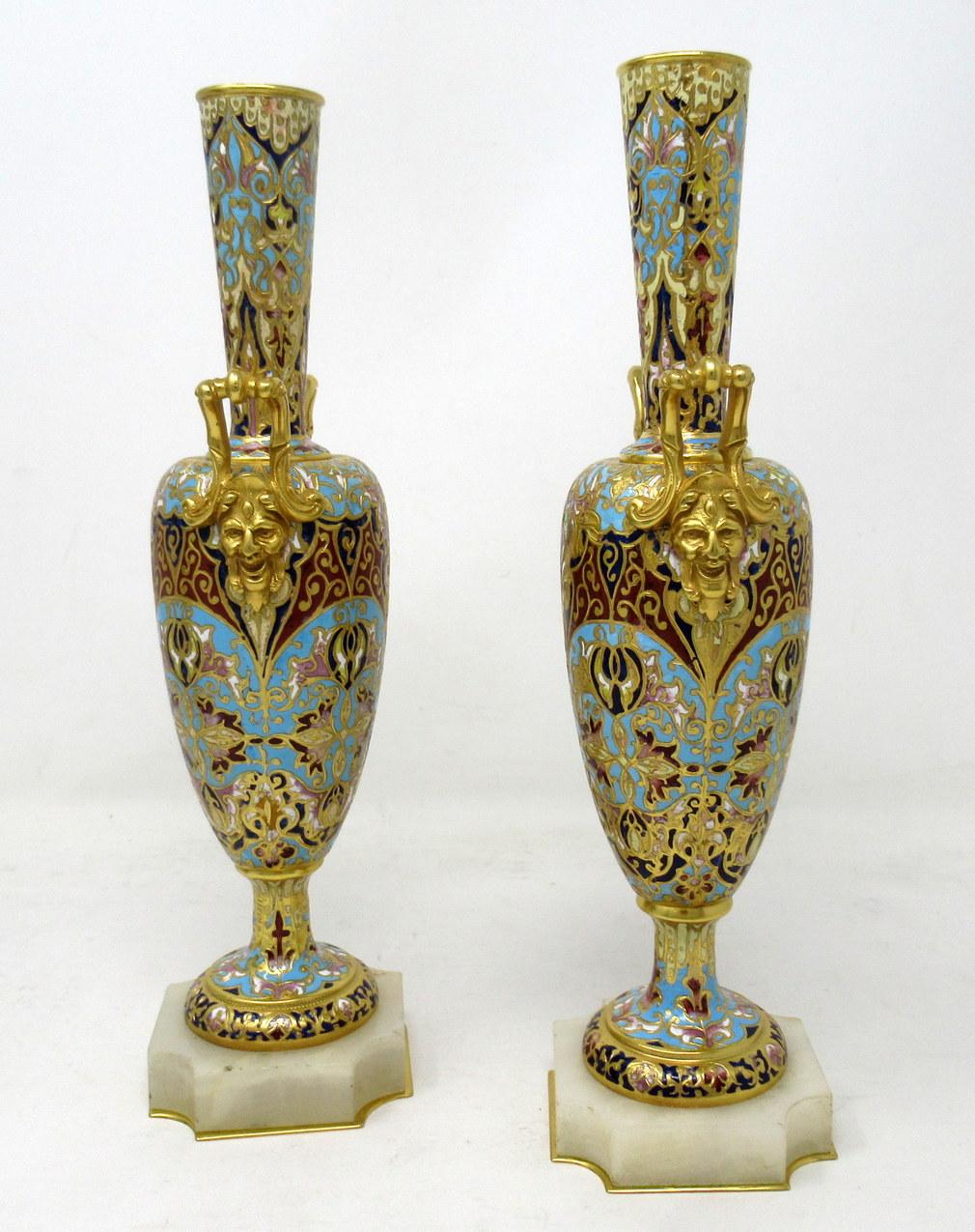 Cast Antique Pair French Alabaster Champlevé Enamelwork Ormolu Gilt Bronze Vase Urns 