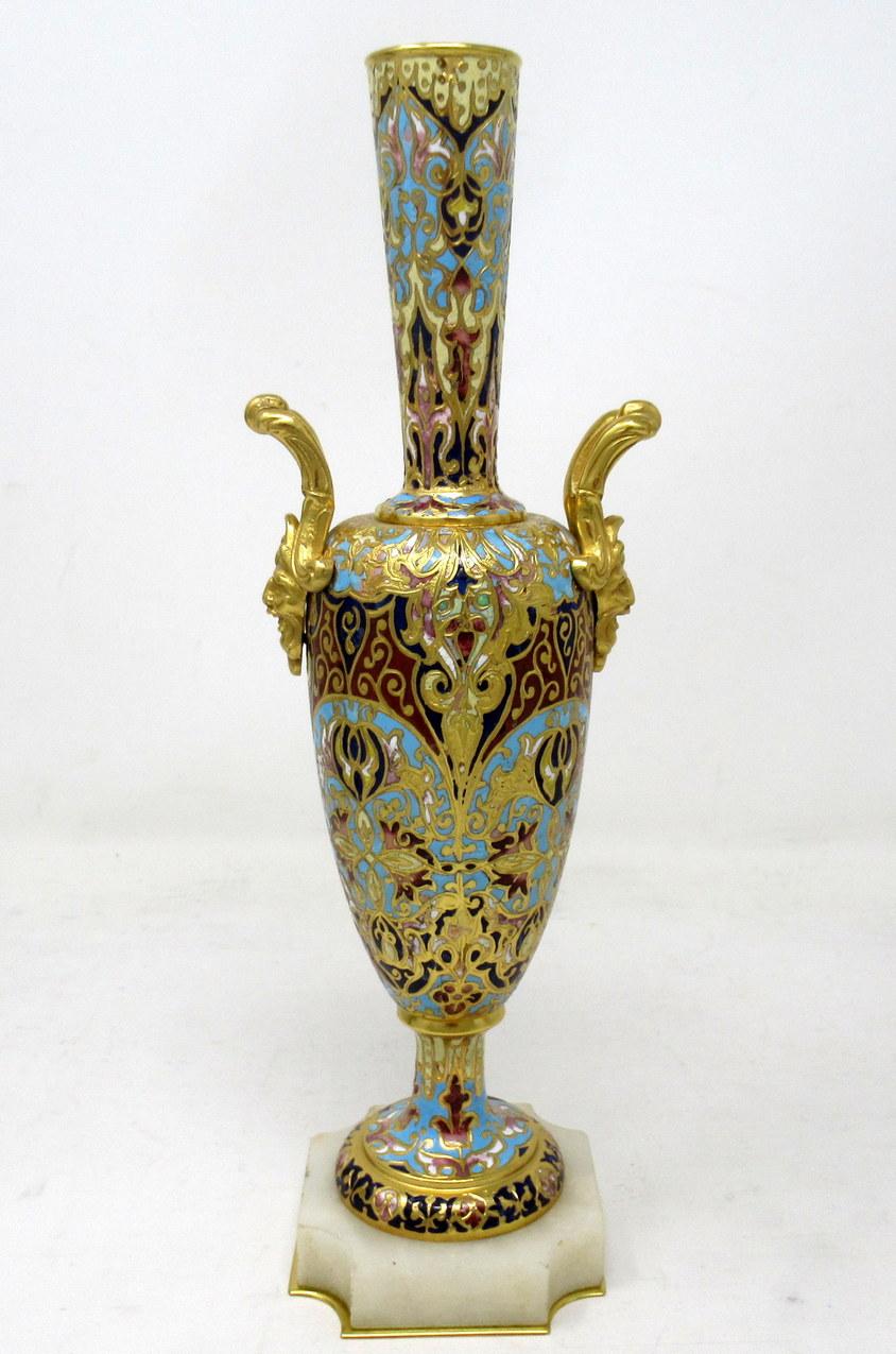 Antique Pair French Alabaster Champlevé Enamelwork Ormolu Gilt Bronze Vase Urns  In Good Condition In Dublin, Ireland