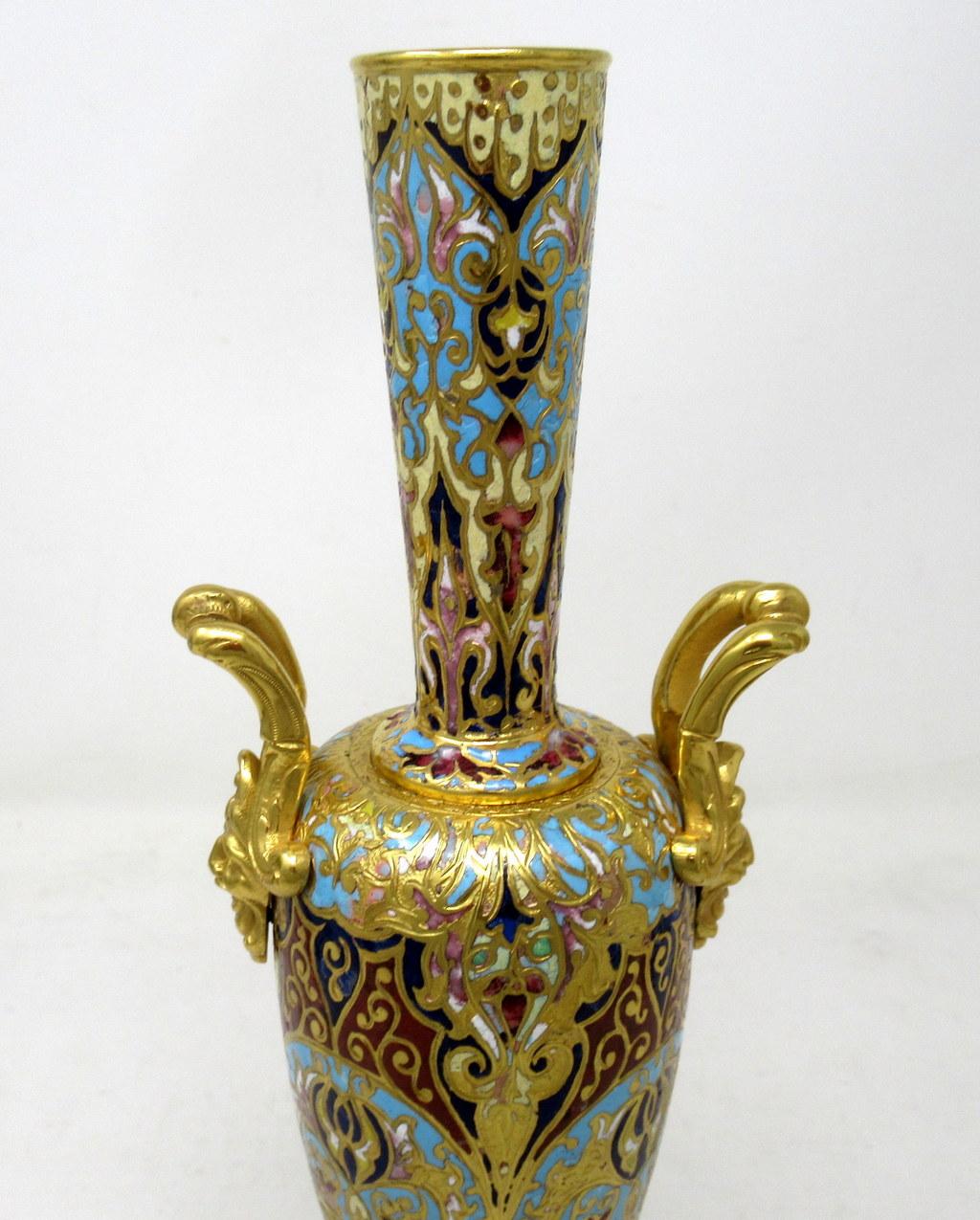 19th Century Antique Pair French Alabaster Champlevé Enamelwork Ormolu Gilt Bronze Vase Urns 