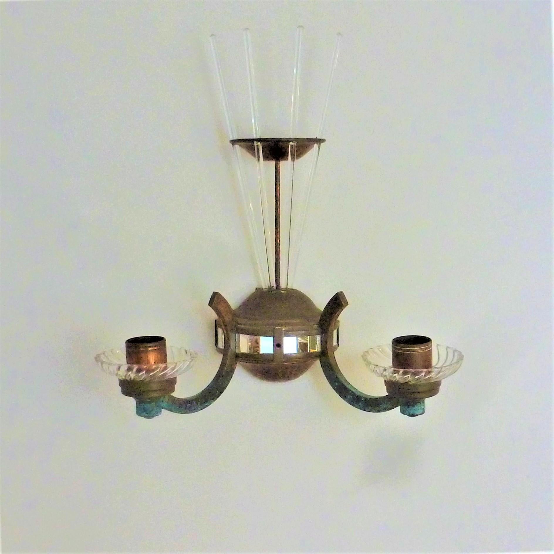 Stunning pair of French Art Deco wall scones.
Made from copper and glass.
2 core wire (French); will take bayonnet light bulbs.

Good condition, nothing damaged or broken. 
One has 