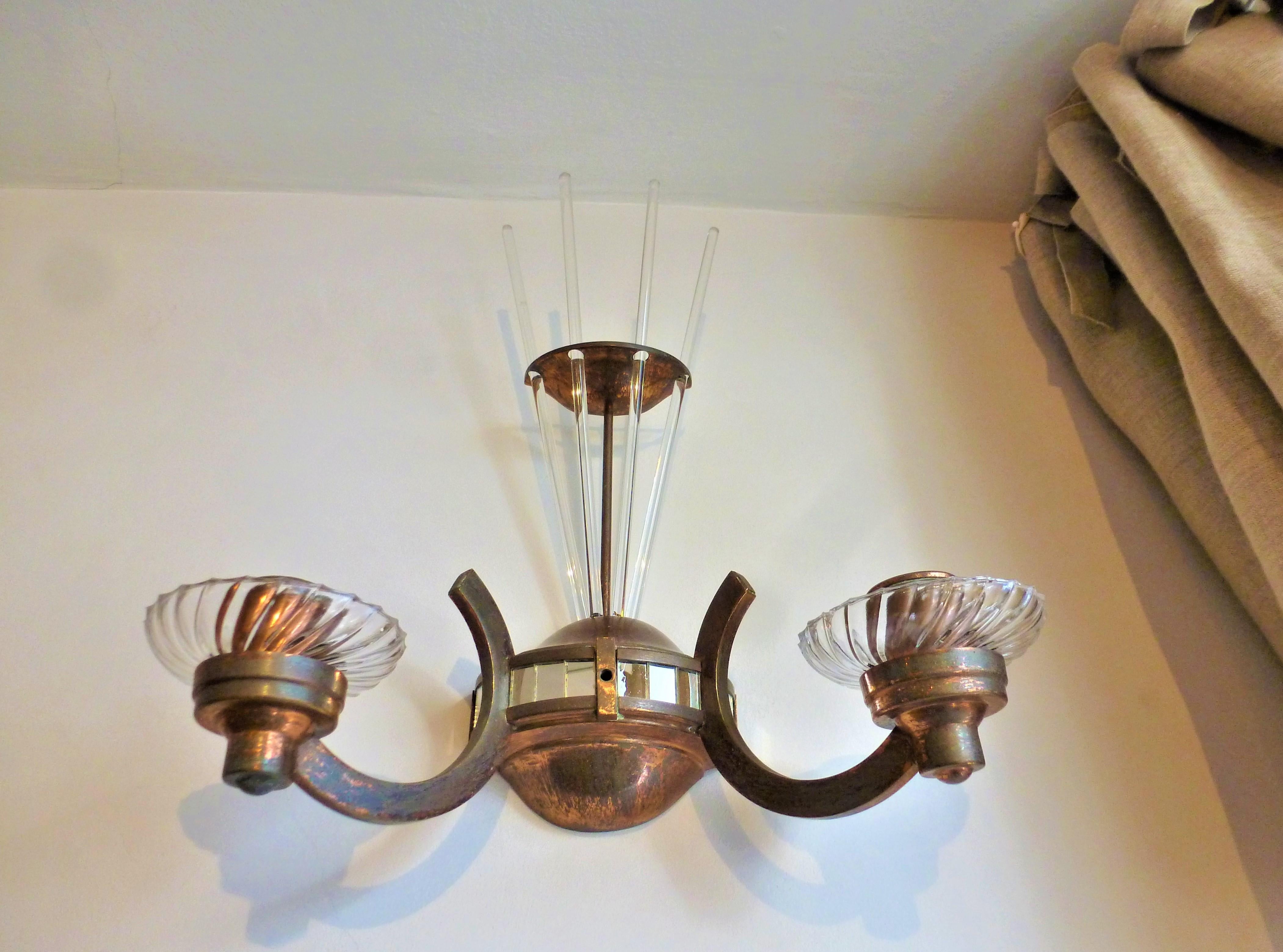 Metalwork Pair of French Art Deco 1930 Copper Mosaic Glass Wall Scone Lights Lighting For Sale