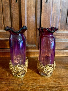 Antique Pair French Art Nouveau Amethyst Art Glass Vases In Gilt Bronze Bases
