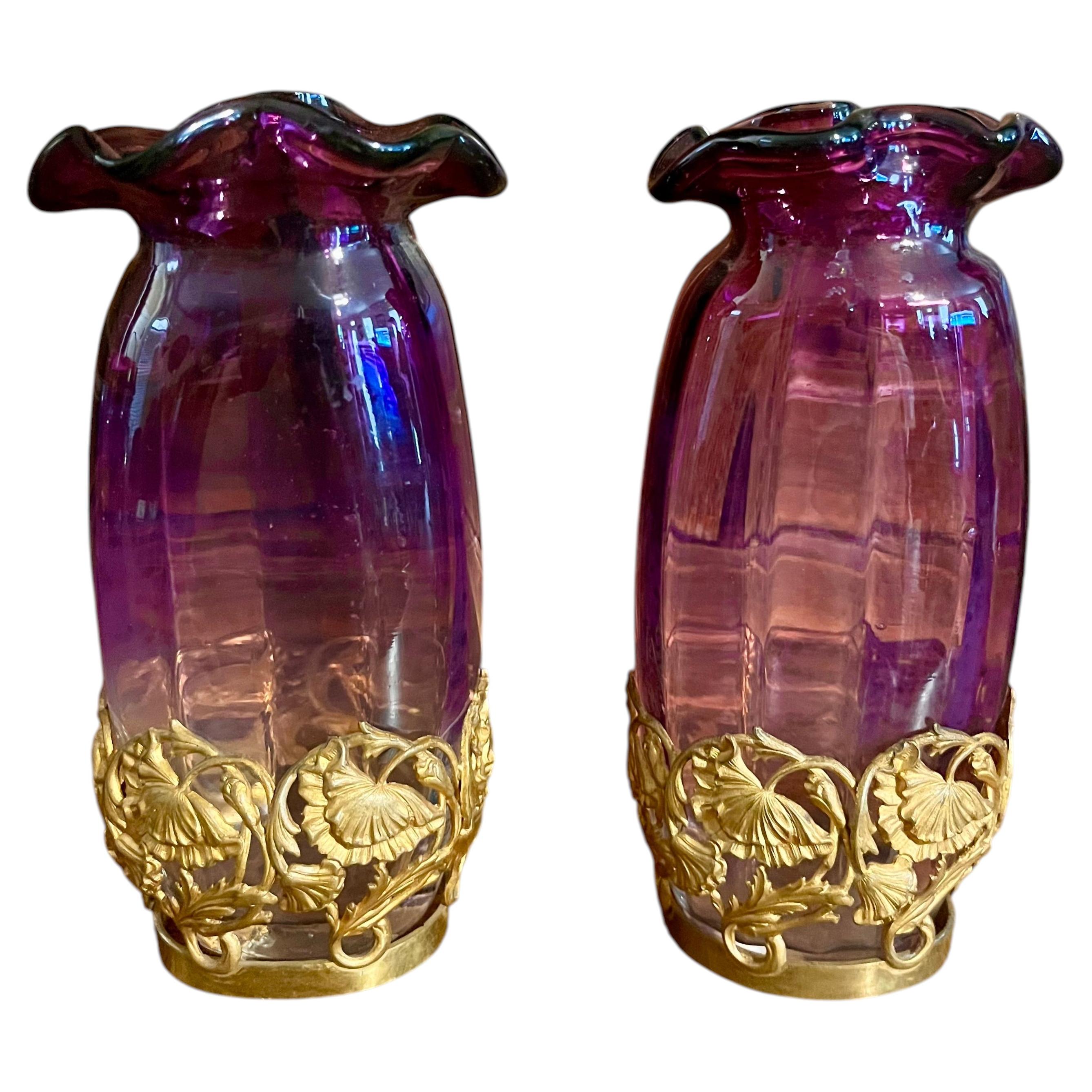 Antique Pair French Art Nouveau Amethyst Art Glass Vases In Gilt Bronze Bases