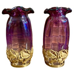 Antique Pair French Art Nouveau Amethyst Art Glass Vases In Gilt Bronze Bases