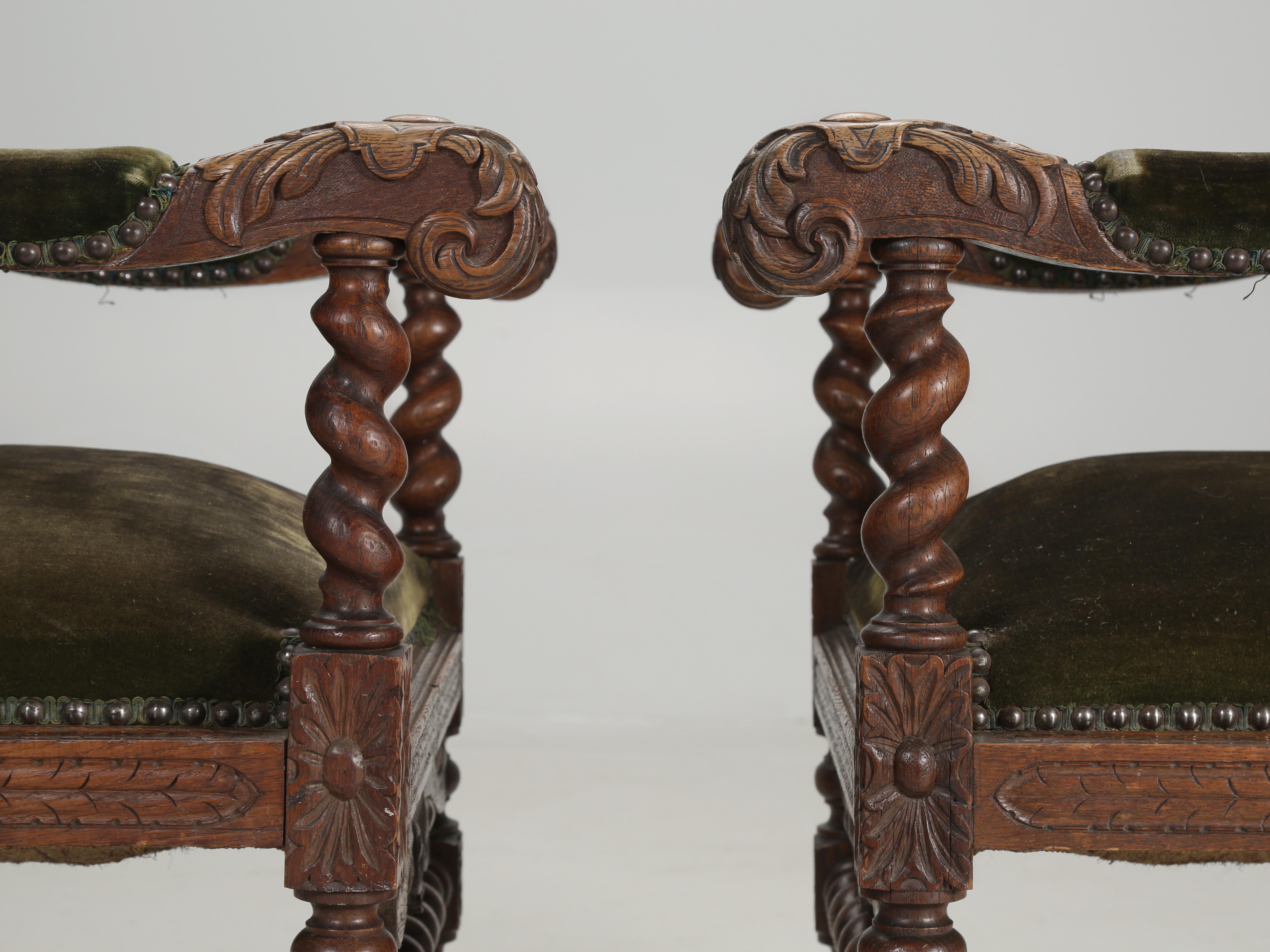 Antique Pair French Barley-Twist Arm Chairs, Great Carving, Old Mohair c1800's  5