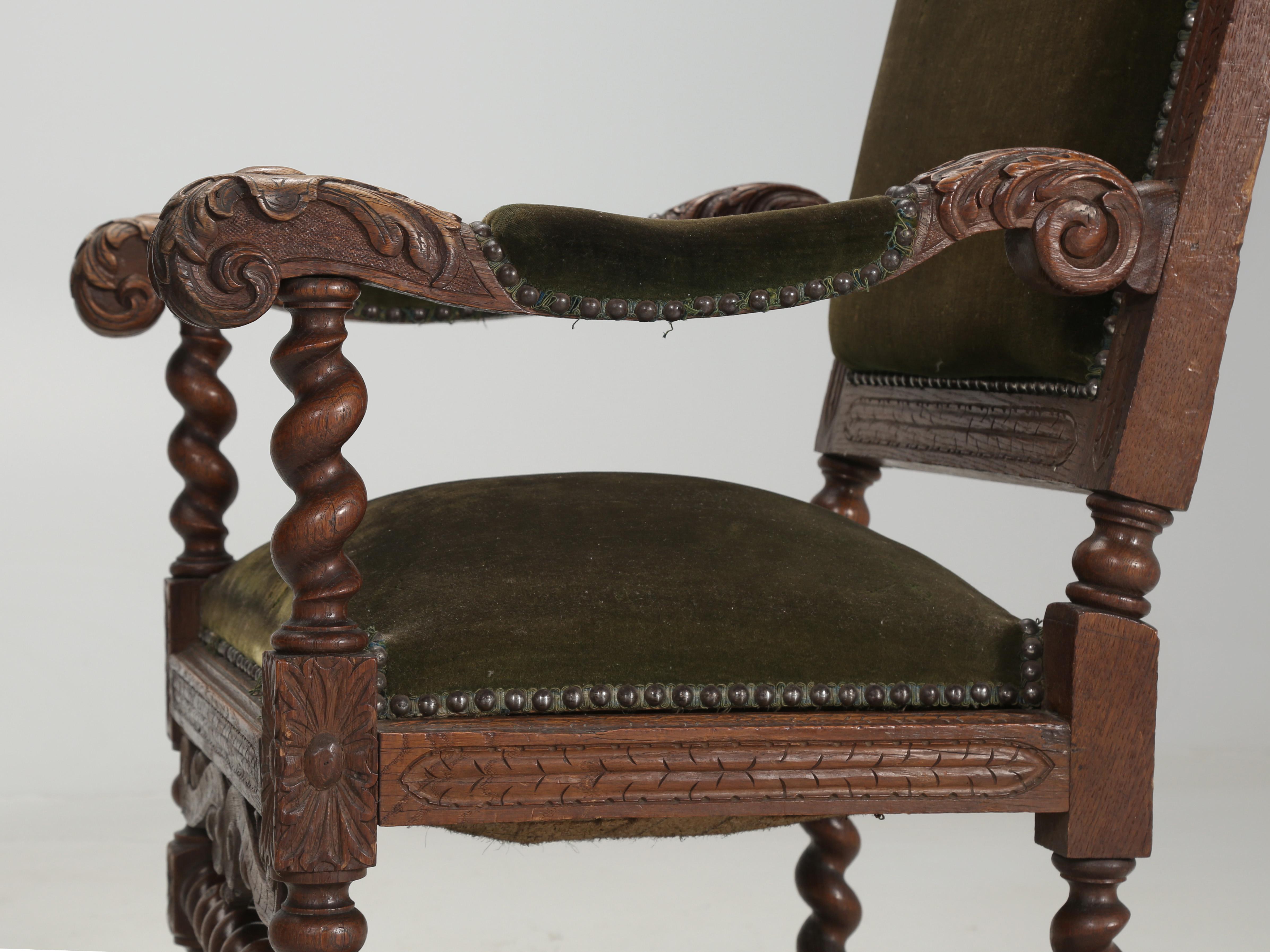 Antique Pair French Barley-Twist Arm Chairs, Great Carving, Old Mohair c1800's  In Good Condition In Chicago, IL