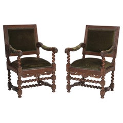 Antique Pair French Barley-Twist Arm Chairs, Great Carving, Old Mohair c1800's