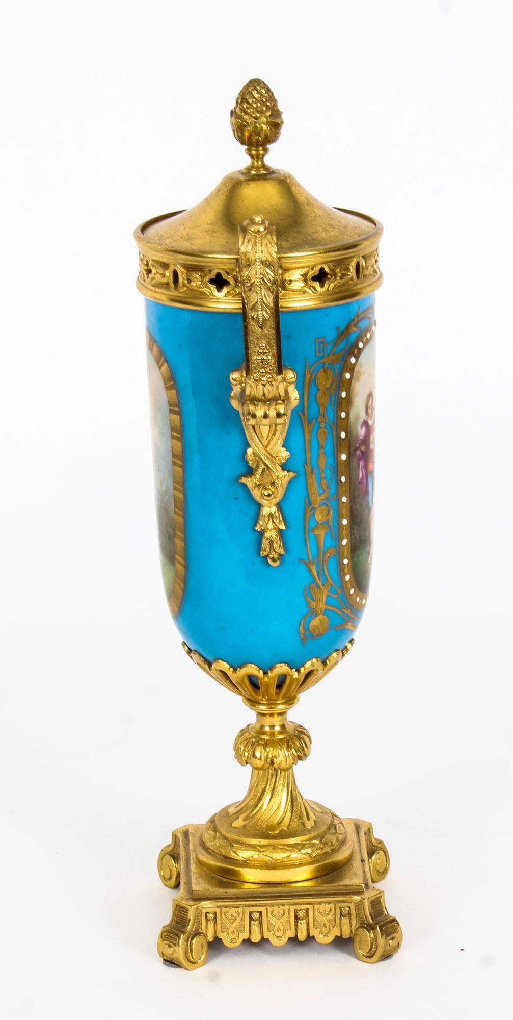 19th Century Pair of French Bleu Celeste Ormolu Mounted Sevres Lidded Vases 3