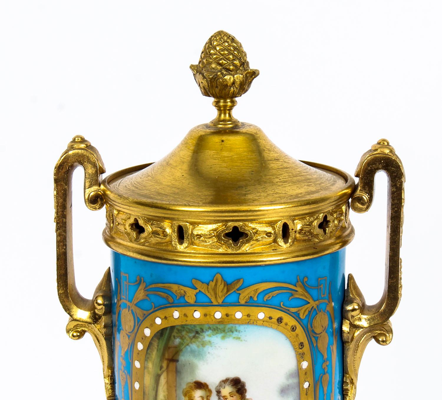 19th Century Pair of French Bleu Celeste Ormolu Mounted Sevres Lidded Vases 4