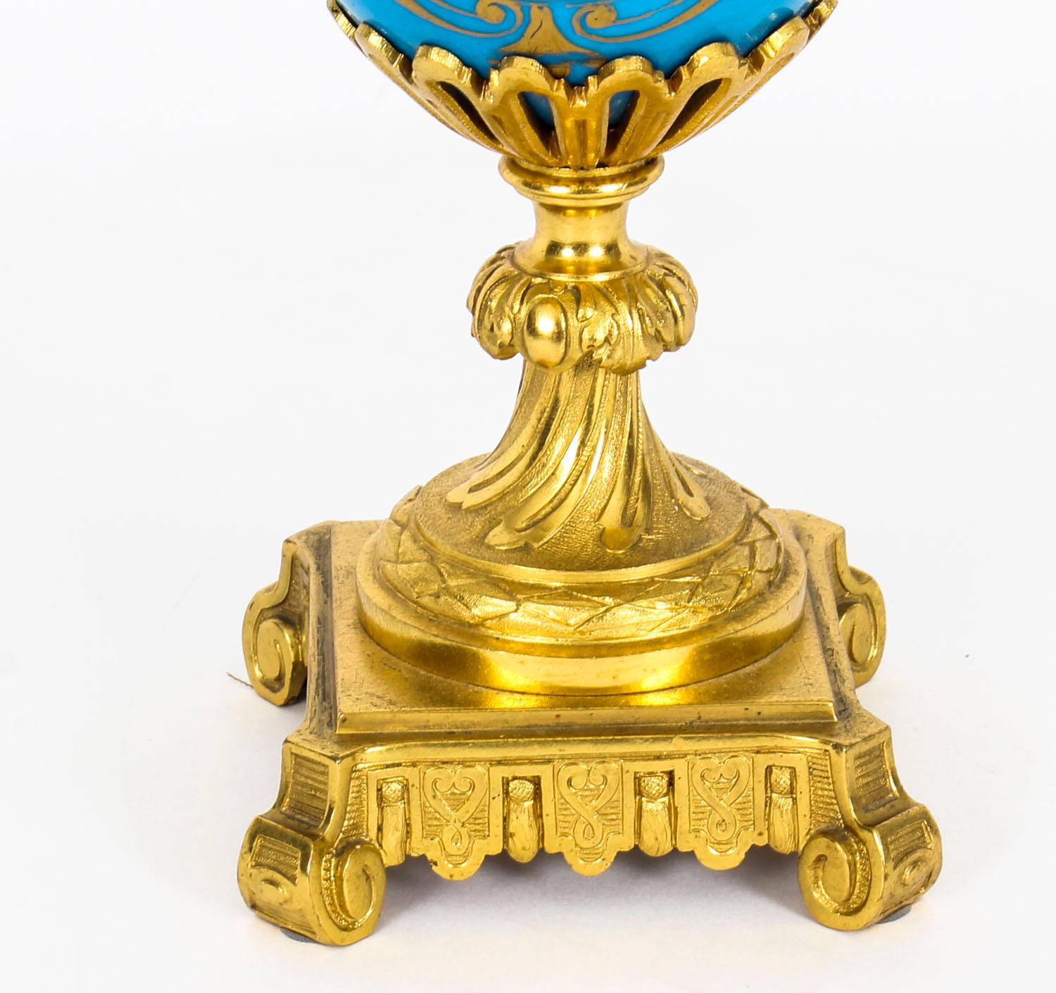 19th Century Pair of French Bleu Celeste Ormolu Mounted Sevres Lidded Vases 5