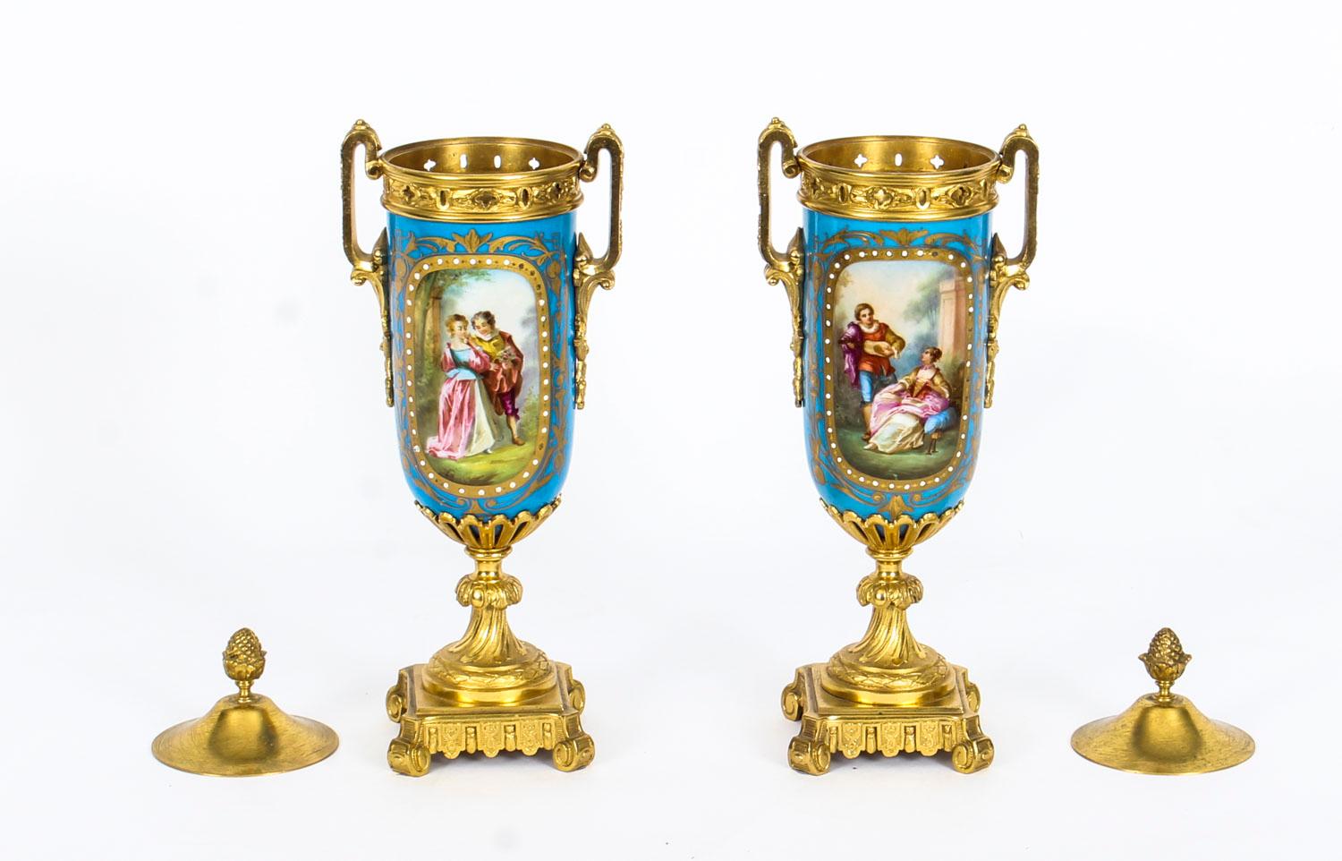 19th Century Pair of French Bleu Celeste Ormolu Mounted Sevres Lidded Vases 6