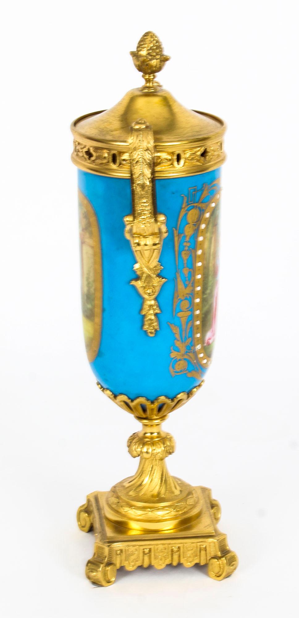 19th Century Pair of French Bleu Celeste Ormolu Mounted Sevres Lidded Vases 7