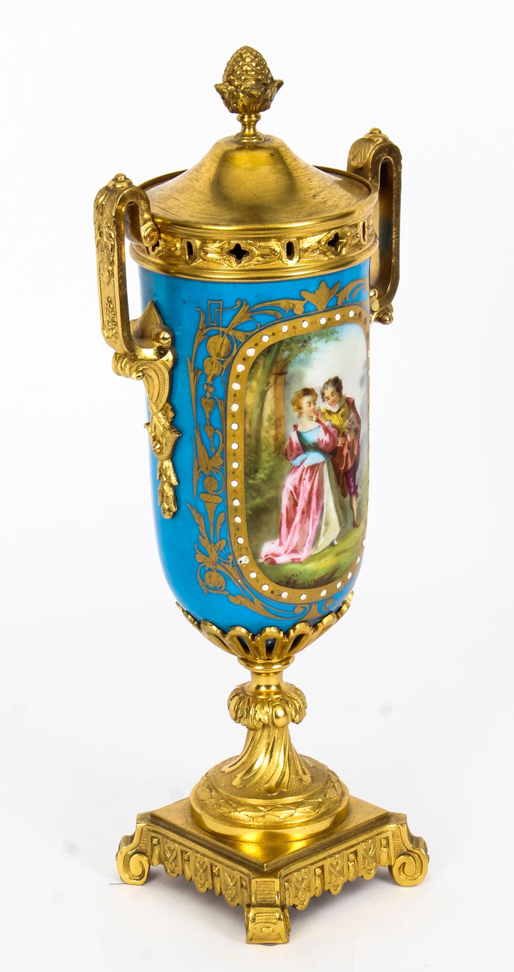 19th Century Pair of French Bleu Celeste Ormolu Mounted Sevres Lidded Vases 8