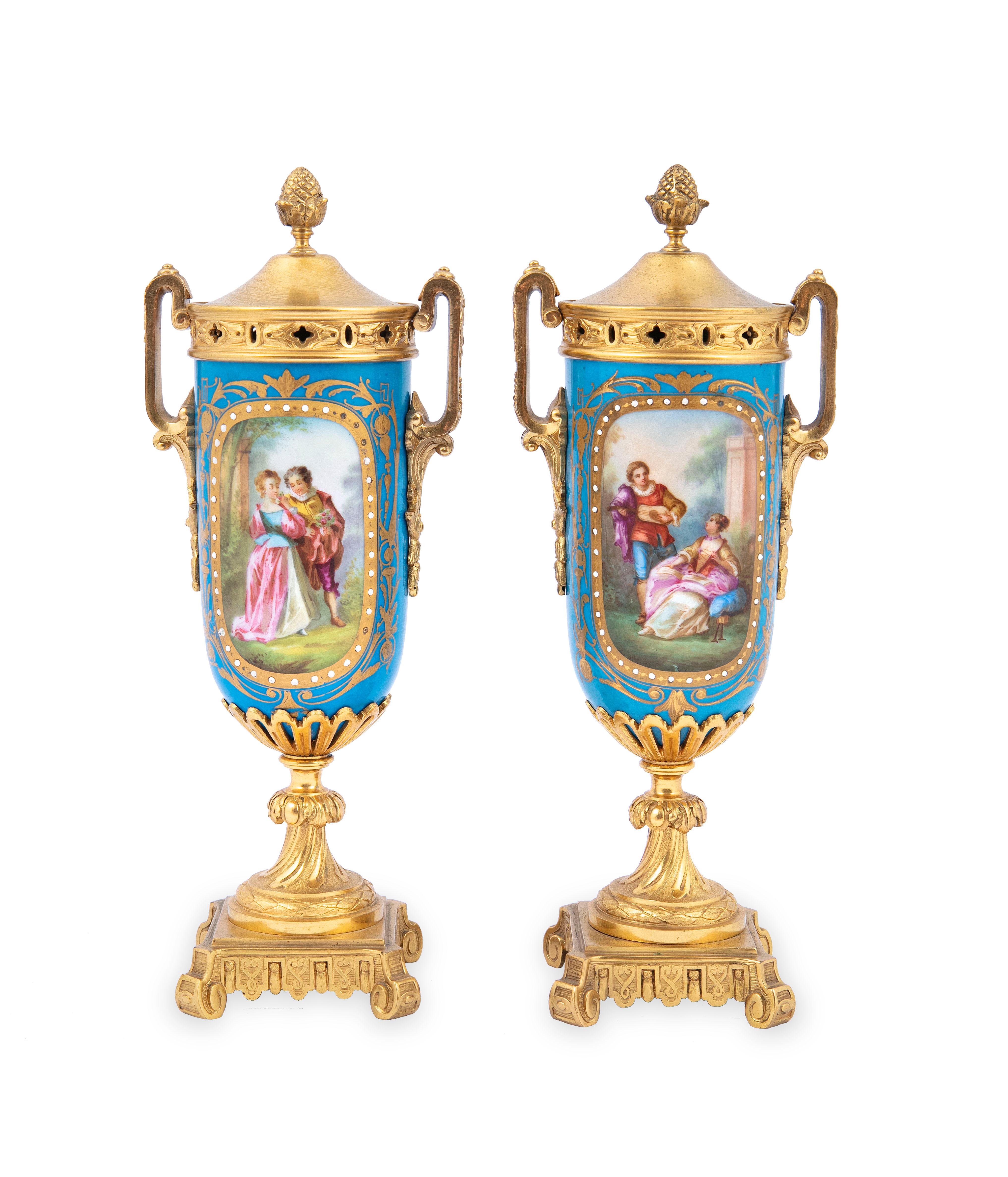 19th Century Pair of French Bleu Celeste Ormolu Mounted Sevres Lidded Vases 10