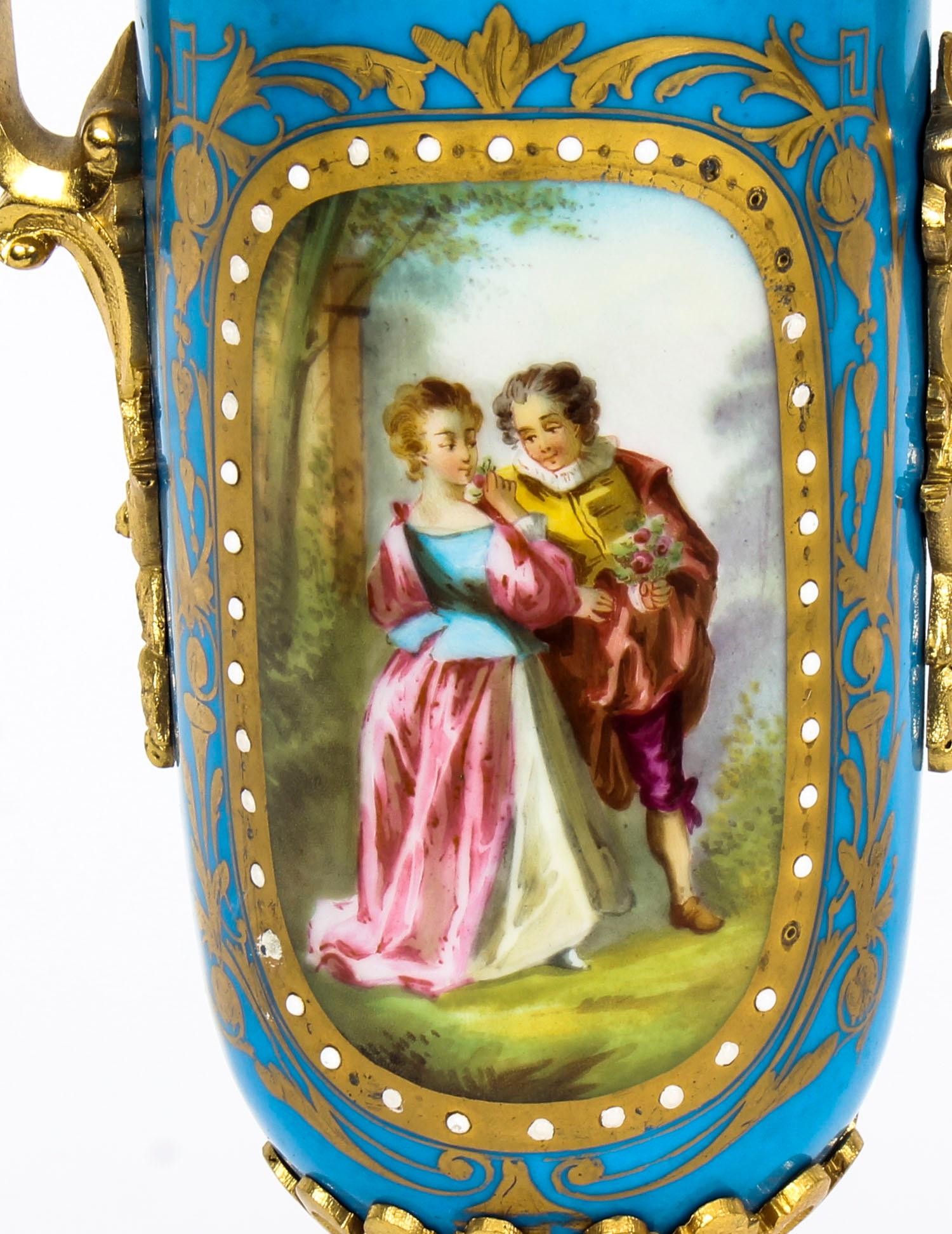 Louis XV 19th Century Pair of French Bleu Celeste Ormolu Mounted Sevres Lidded Vases