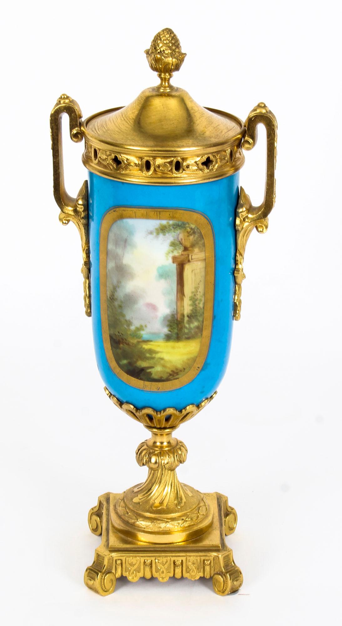 19th Century Pair of French Bleu Celeste Ormolu Mounted Sevres Lidded Vases In Good Condition In London, GB