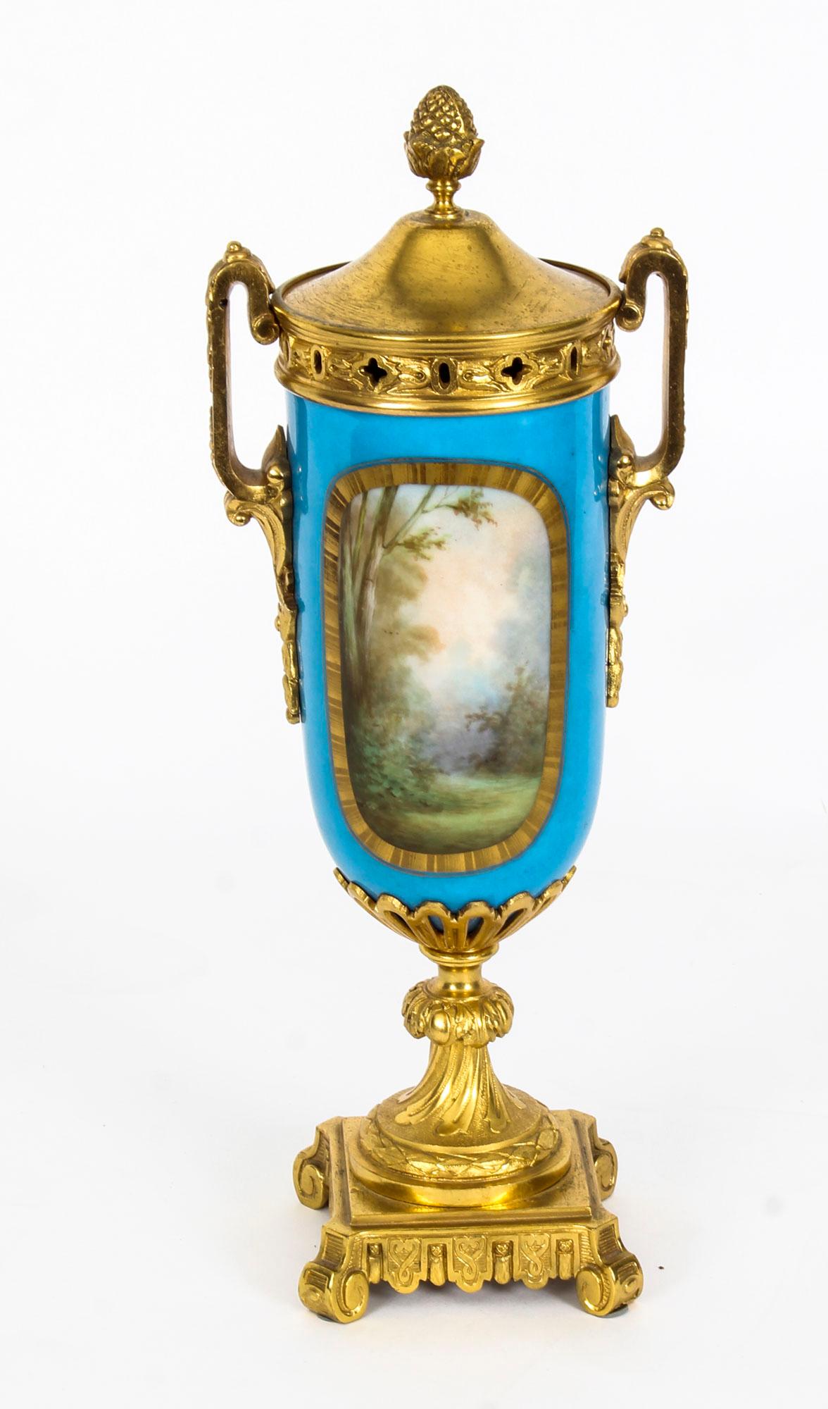 19th Century Pair of French Bleu Celeste Ormolu Mounted Sevres Lidded Vases 1