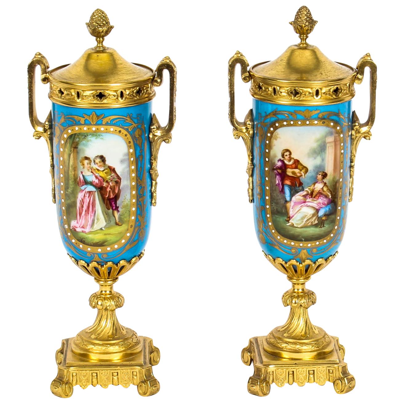 19th Century Pair of French Bleu Celeste Ormolu Mounted Sevres Lidded Vases
