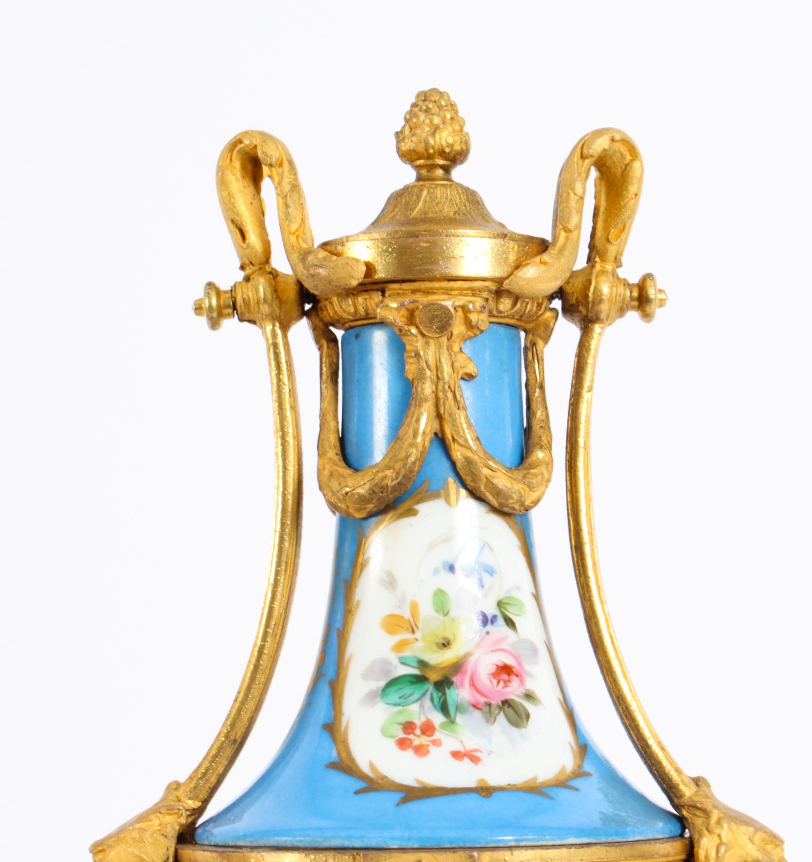 Antique Pair French Bleu Celeste Sevres Urns 19th C For Sale 7