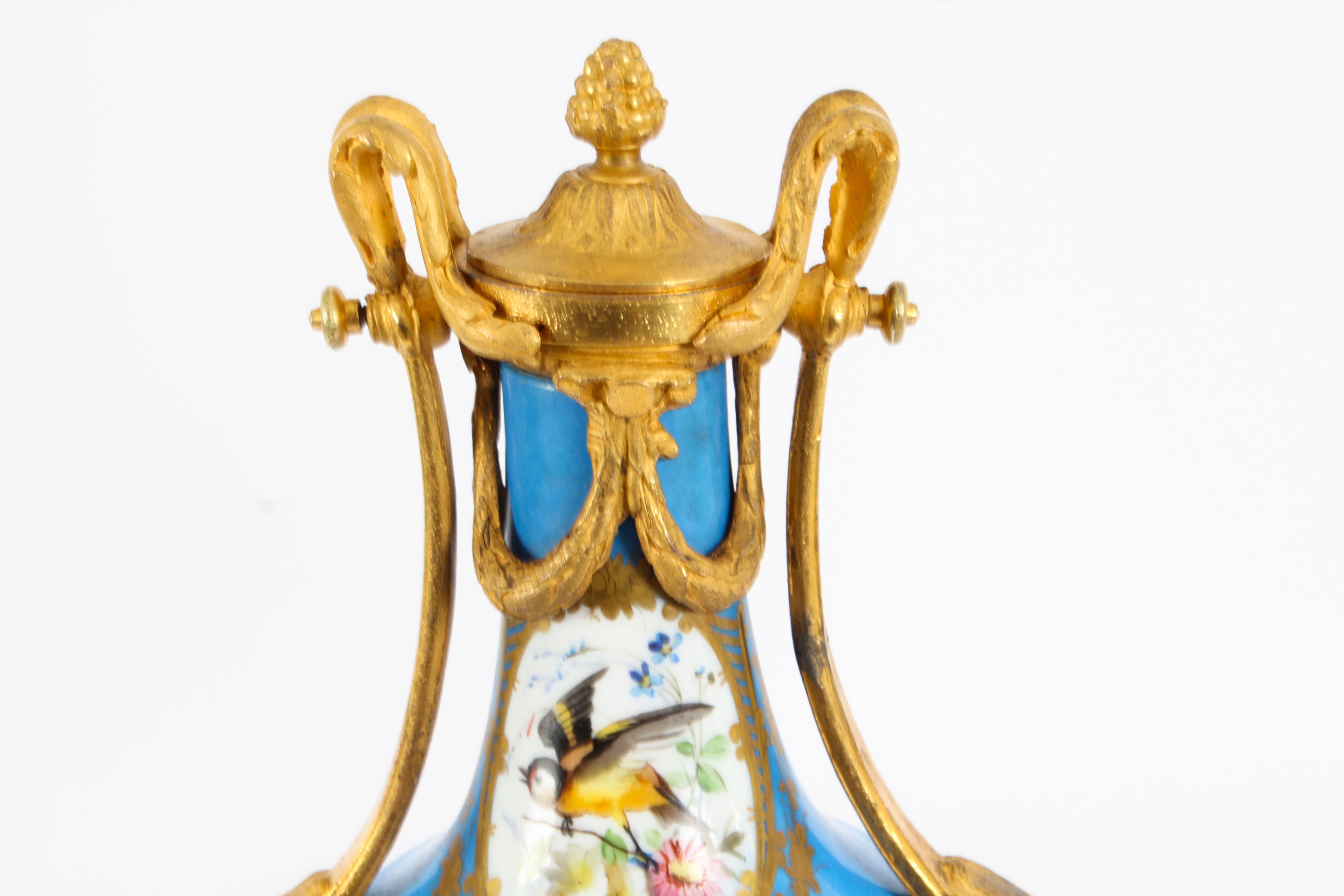 Antique Pair French Bleu Celeste Sevres Urns 19th C In Good Condition For Sale In London, GB