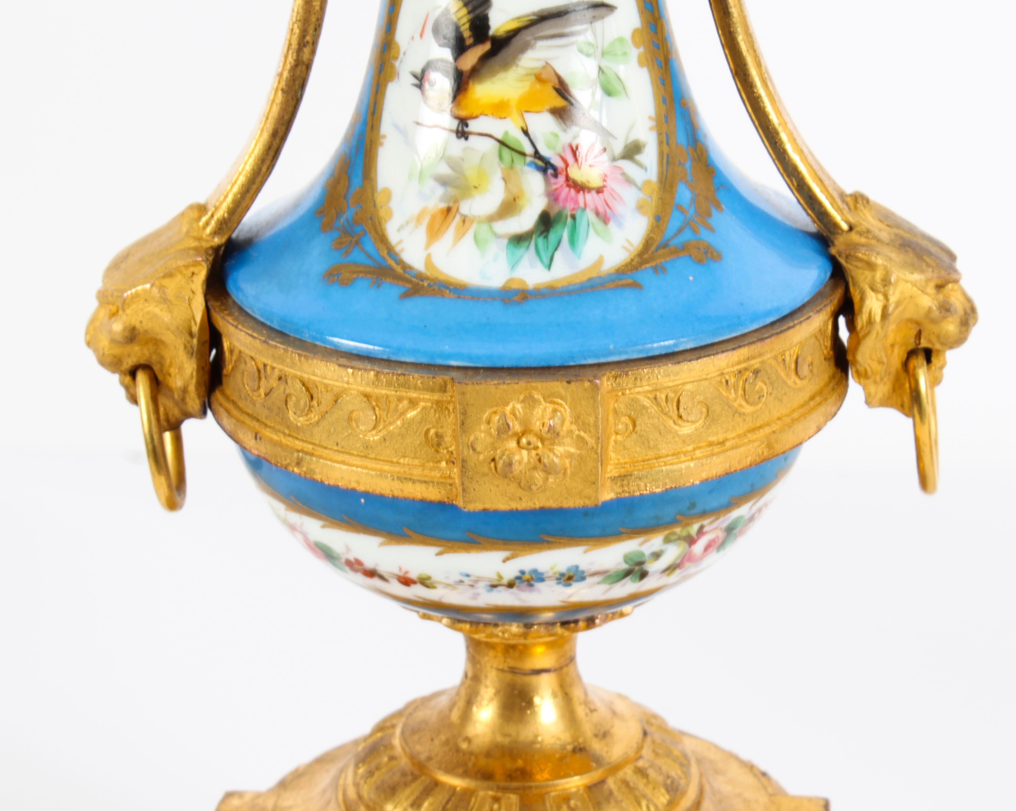 Late 19th Century Antique Pair French Bleu Celeste Sevres Urns 19th C For Sale