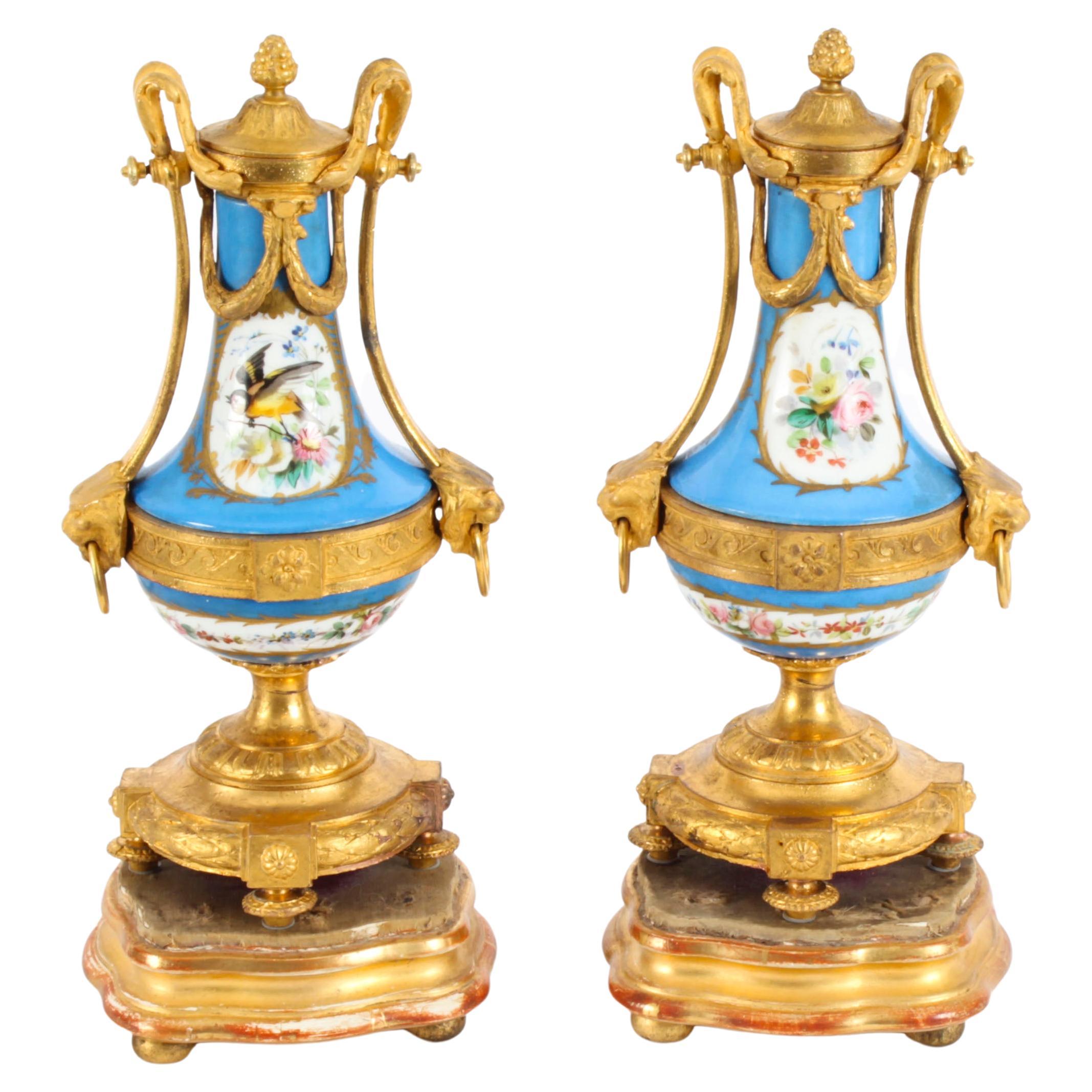 Antikes Paar franzsische Bleu Celeste-Svres-Urnen, 19. Jahrhundert