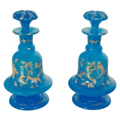 Antique Pair French Blue Opaline Gilded Enamel Glass Perfume Bottles Flacon 1850