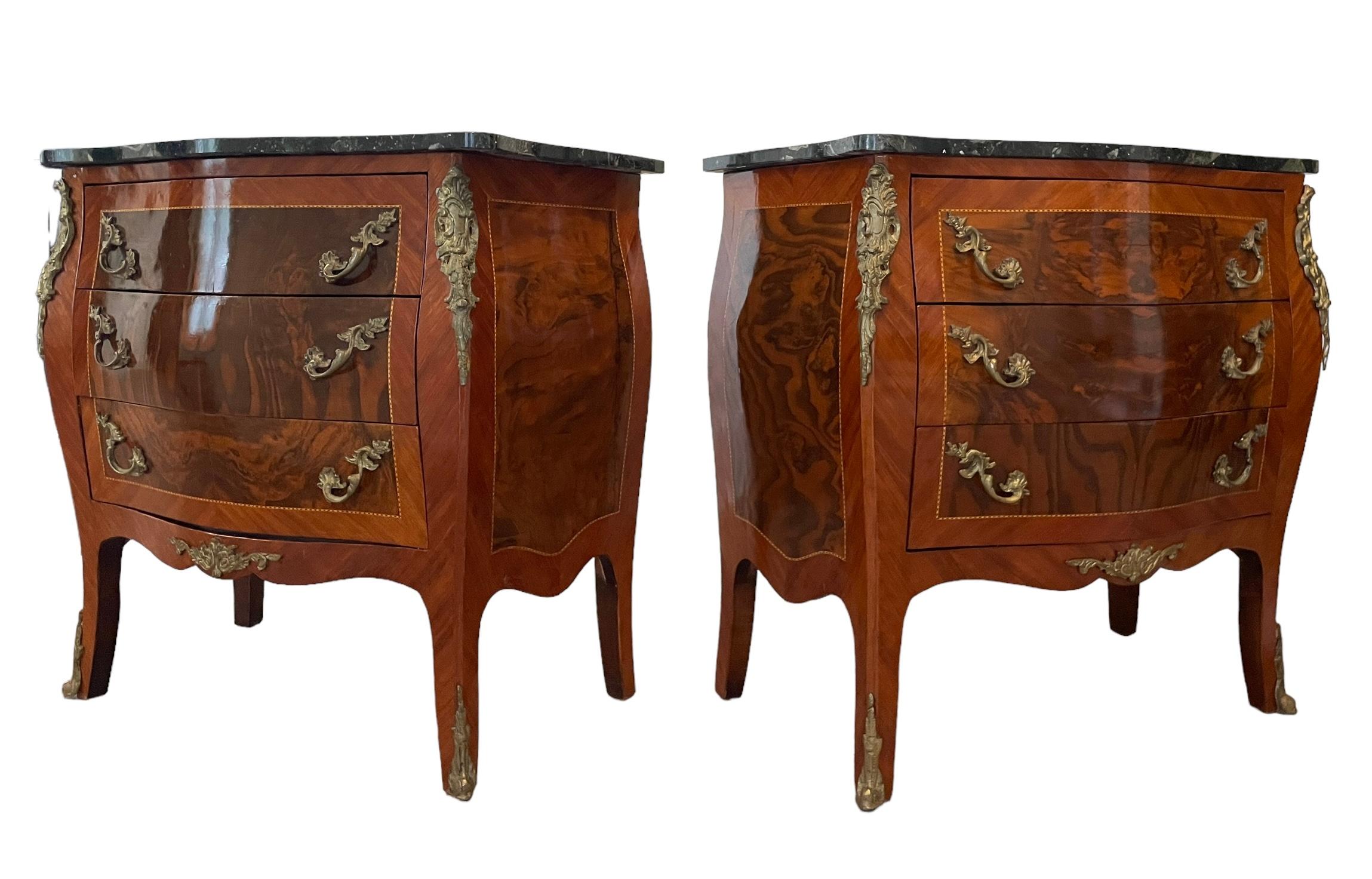 Antique Pair French Bombe Commodes Chest of Drawers Marble Tops Brass Ormulu 5