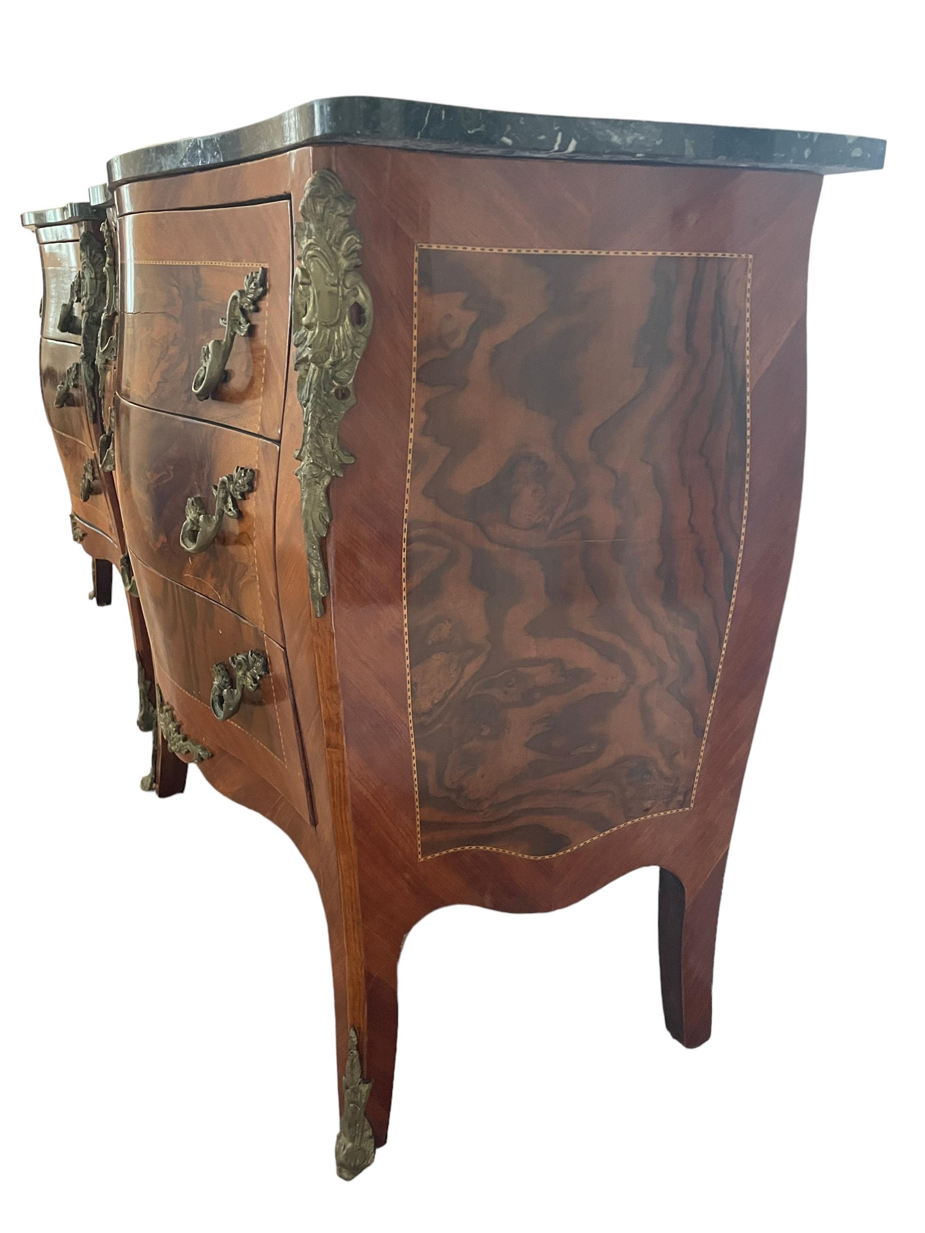 Antique Pair French Bombe Commodes Chest of Drawers Marble Tops Brass Ormulu 6
