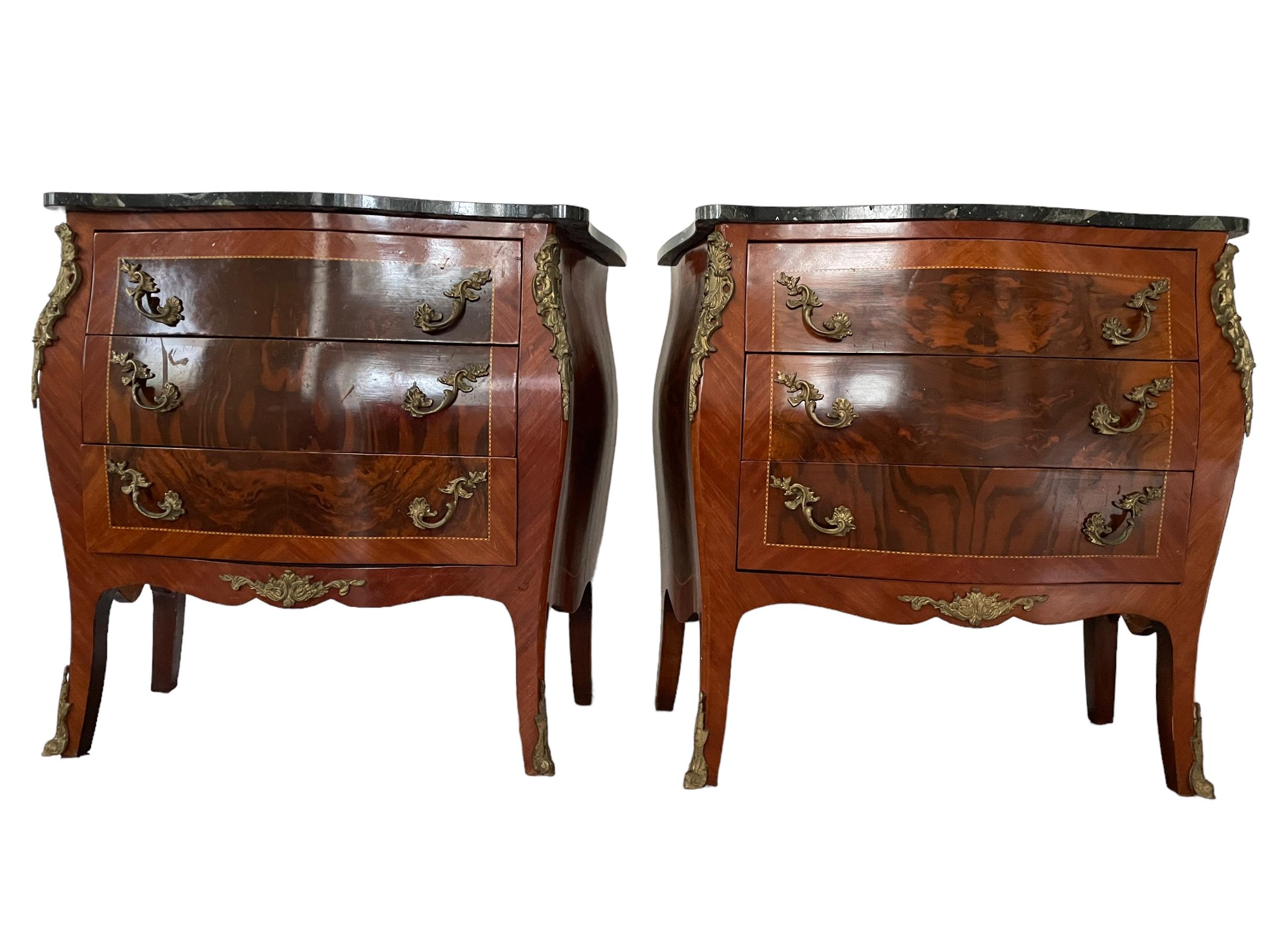 Pair of Louis XV Style Gilt Bronze Mounted Marquetry Marble-Top Antique French Bombe style Chests, Small Console Commode, Nightstand, End Table with Gorgeous Green marble top and Brass Ormolu, Walnut and Mahogany inlay. From our research and