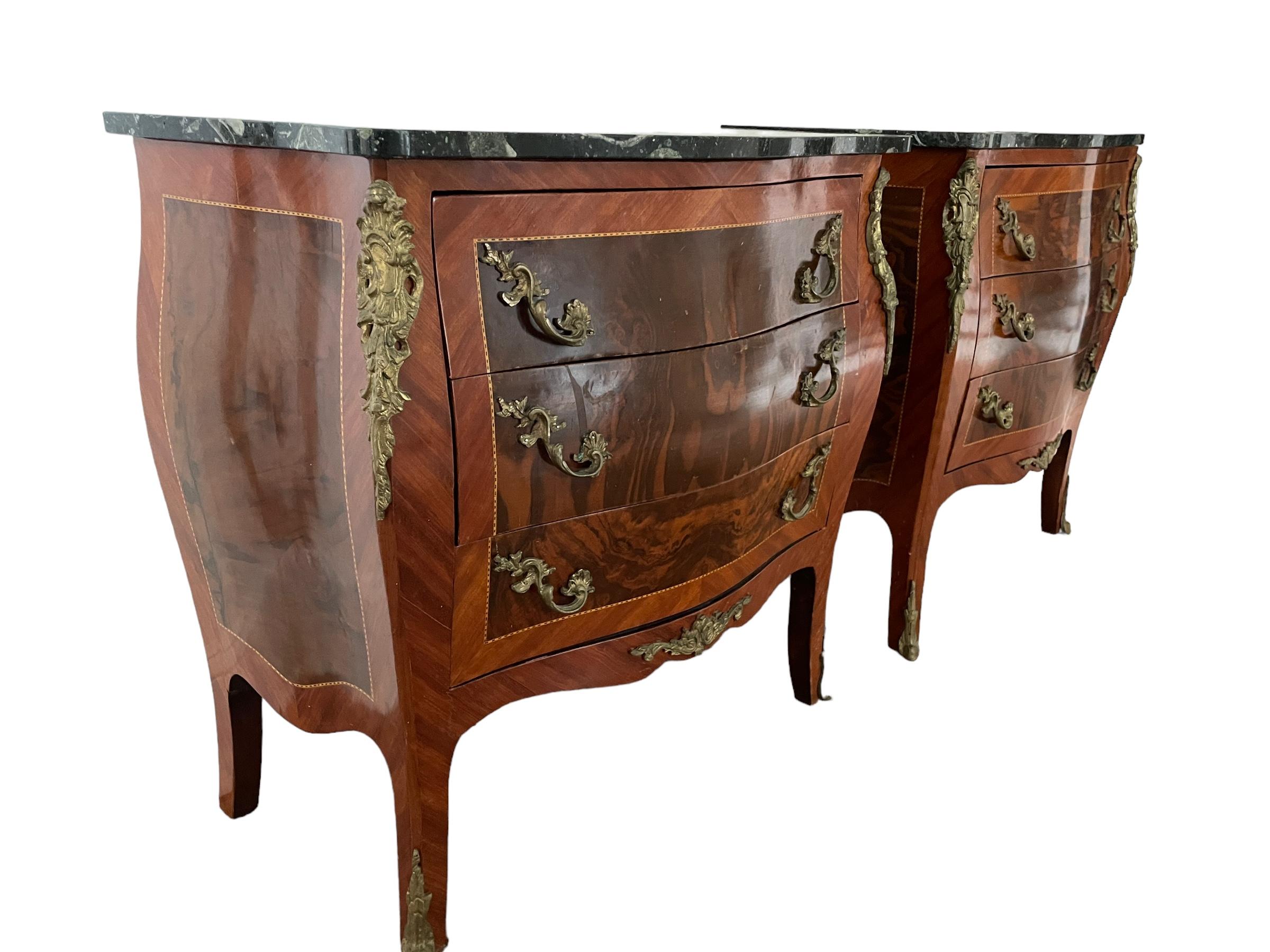 Louis XV Antique Pair French Bombe Commodes Chest of Drawers Marble Tops Brass Ormulu