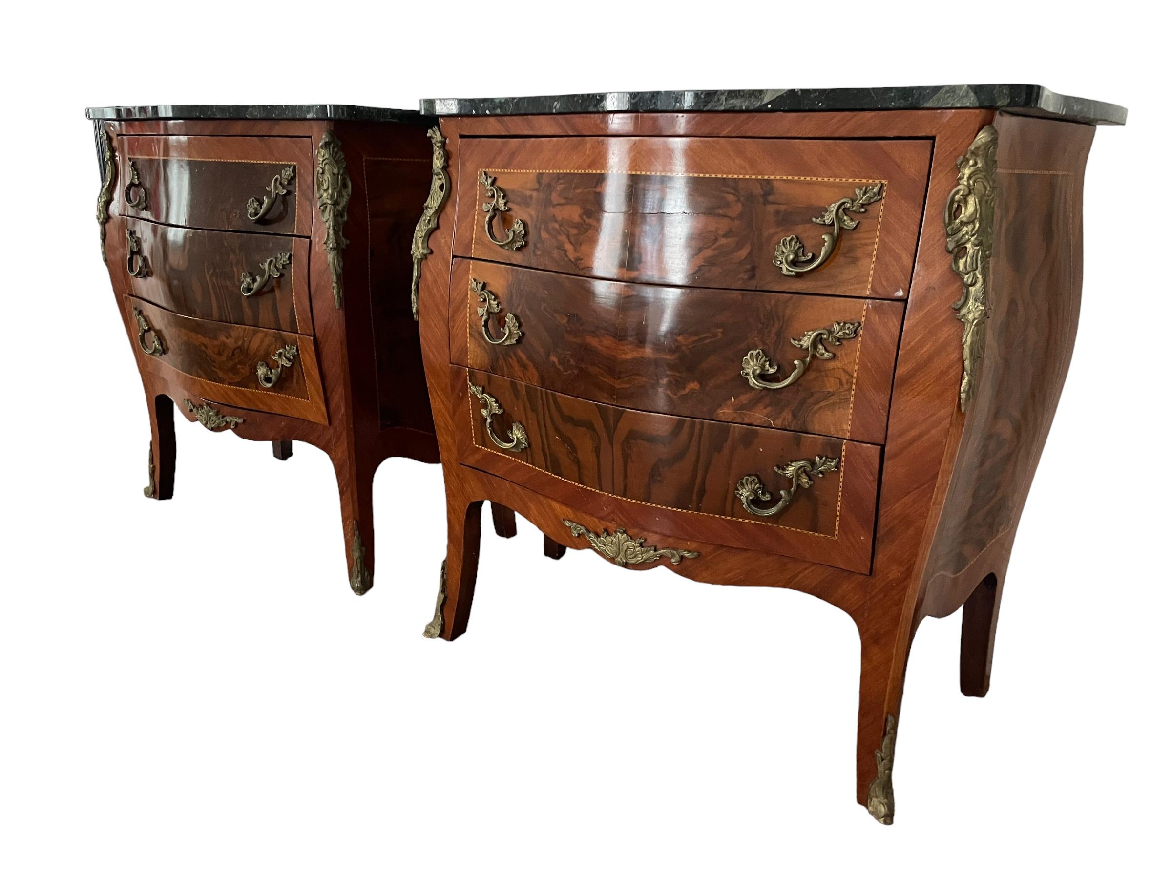 Unknown Antique Pair French Bombe Commodes Chest of Drawers Marble Tops Brass Ormulu