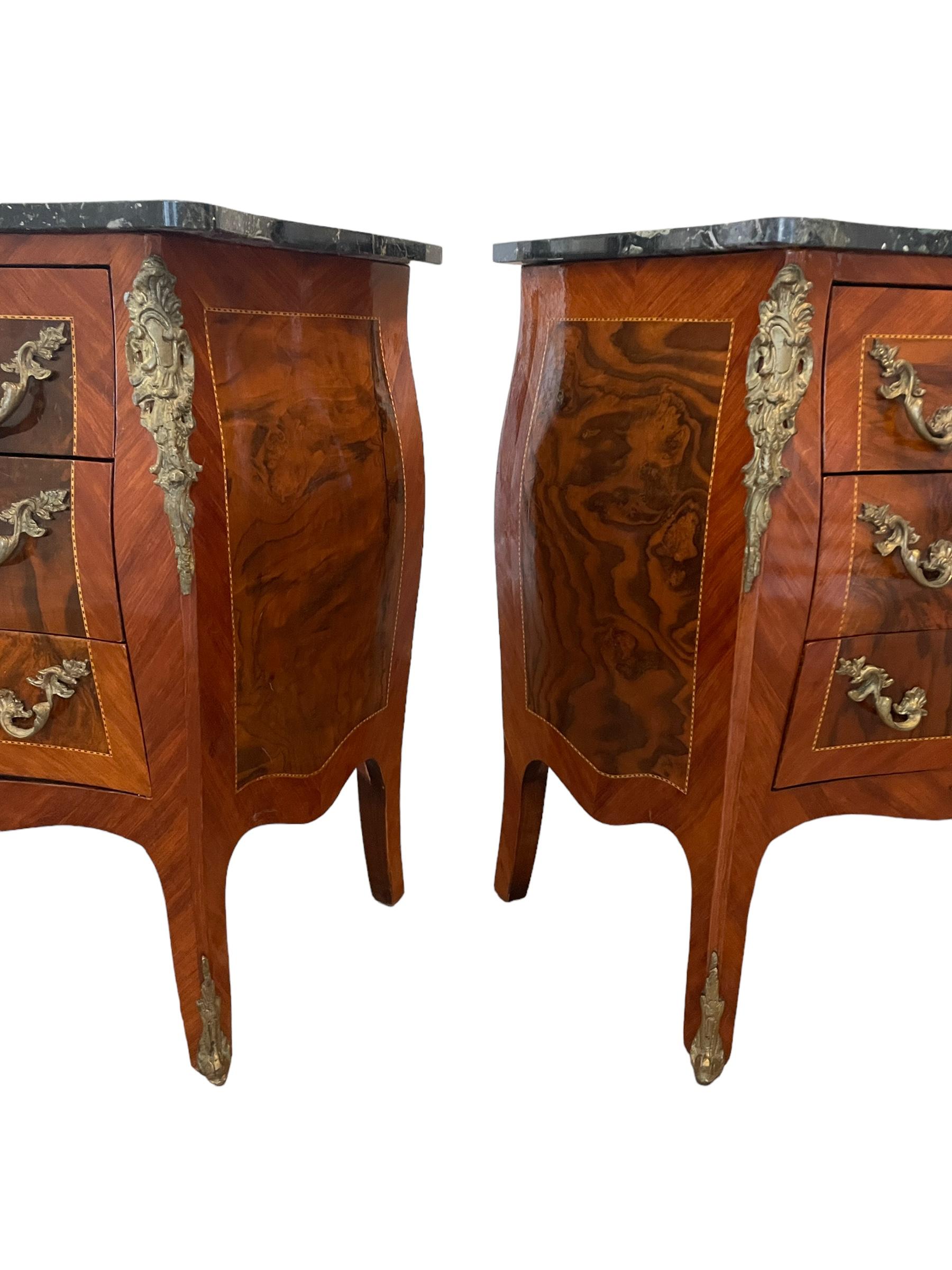20th Century Antique Pair French Bombe Commodes Chest of Drawers Marble Tops Brass Ormulu