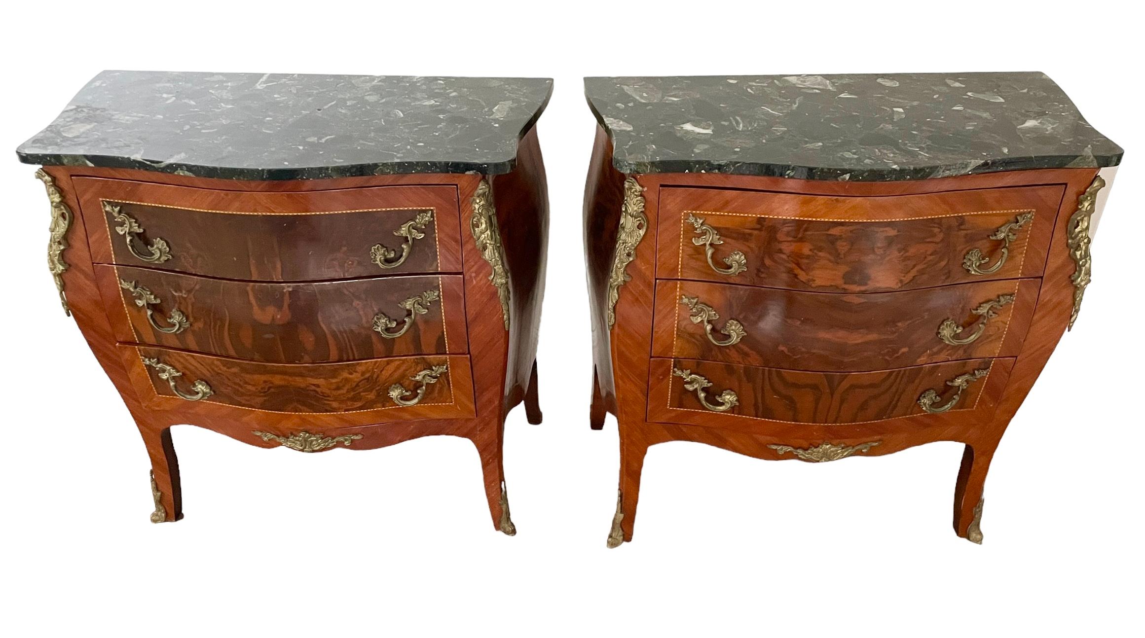 Antique Pair French Bombe Commodes Chest of Drawers Marble Tops Brass Ormulu 2