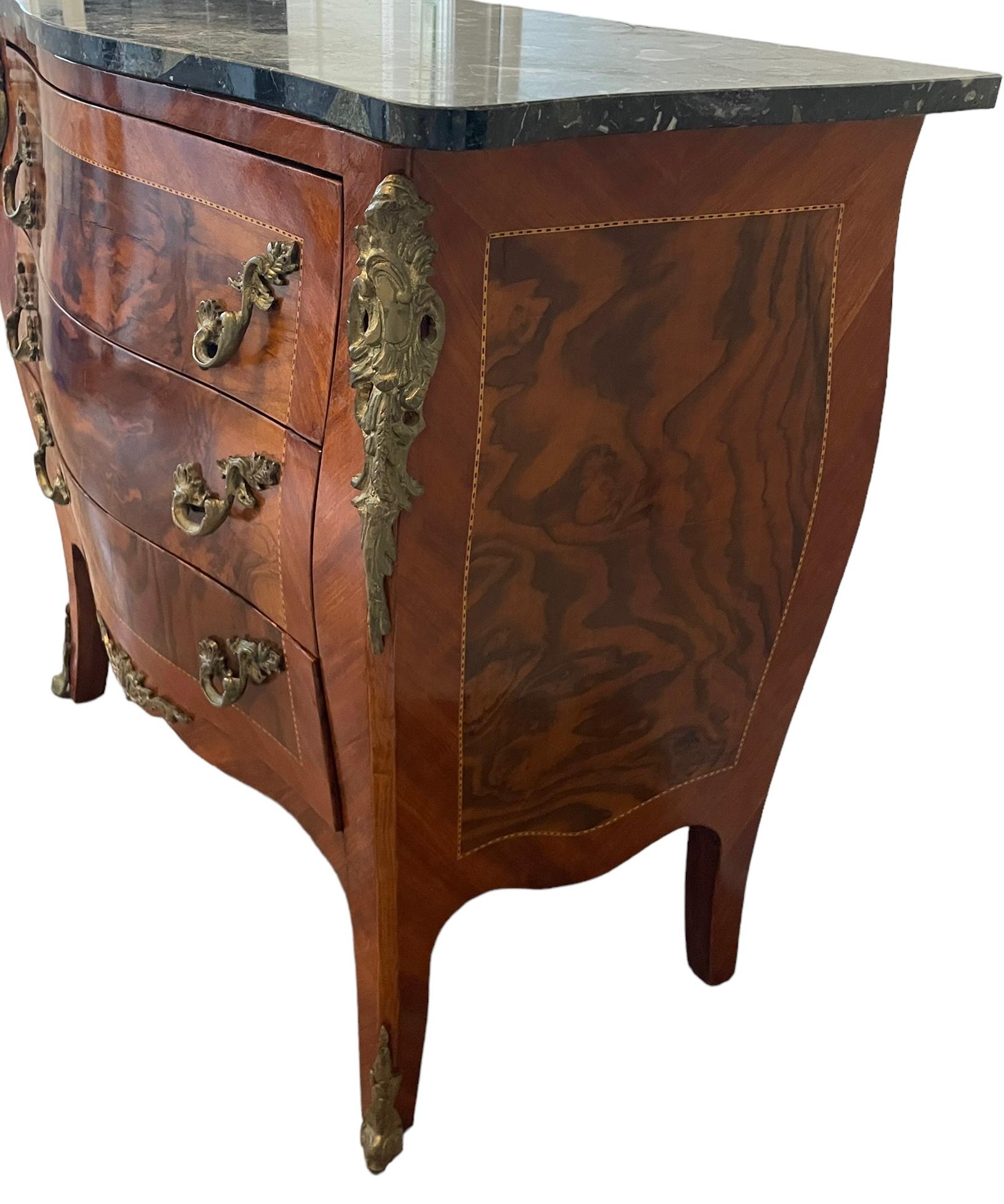 Antique Pair French Bombe Commodes Chest of Drawers Marble Tops Brass Ormulu 3